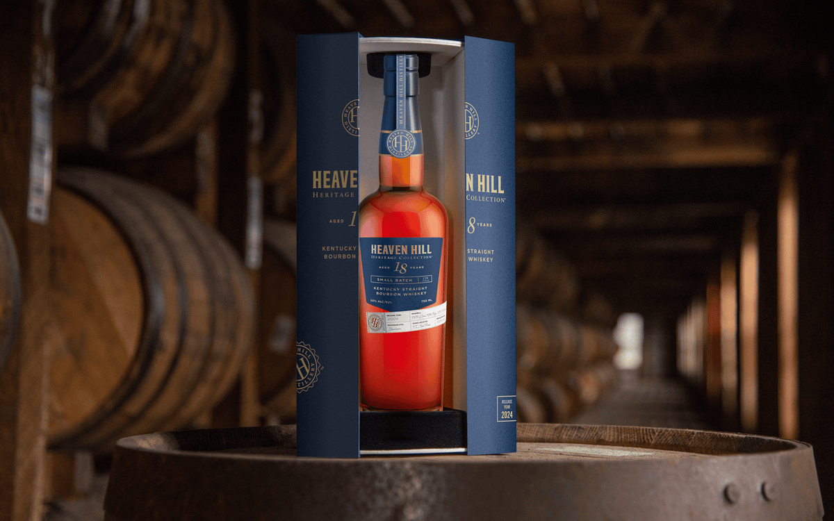 Heaven Hill Heritage Collection 8 Year Bourbon bottle displayed on a barrel, showcasing craftsmanship and tradition.