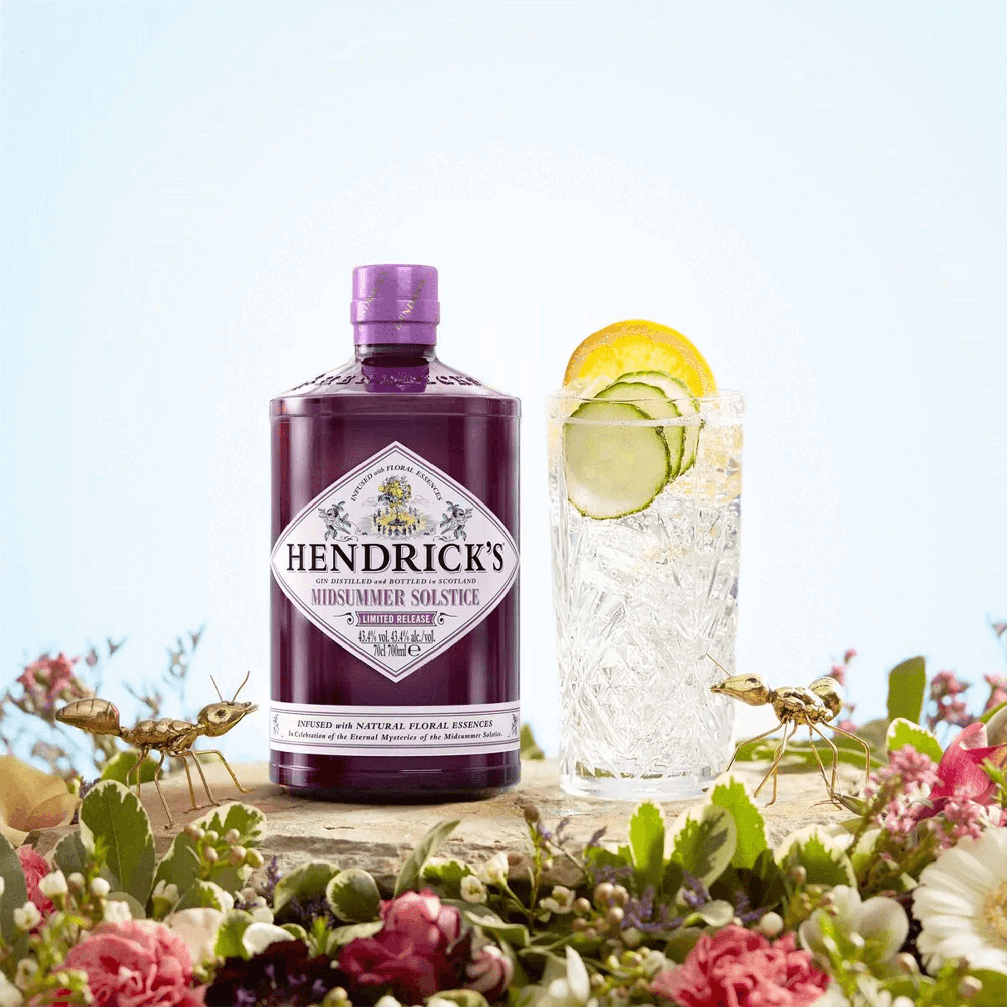 Bottle of Hendrick's Midsummer Solstice gin with a floral garnish cocktail.