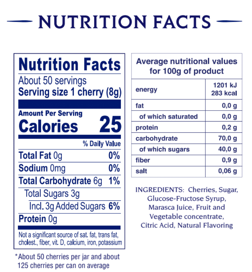 Nutrition facts for Hotel Starlino Maraschino cherries, highlighting calories and serving size.