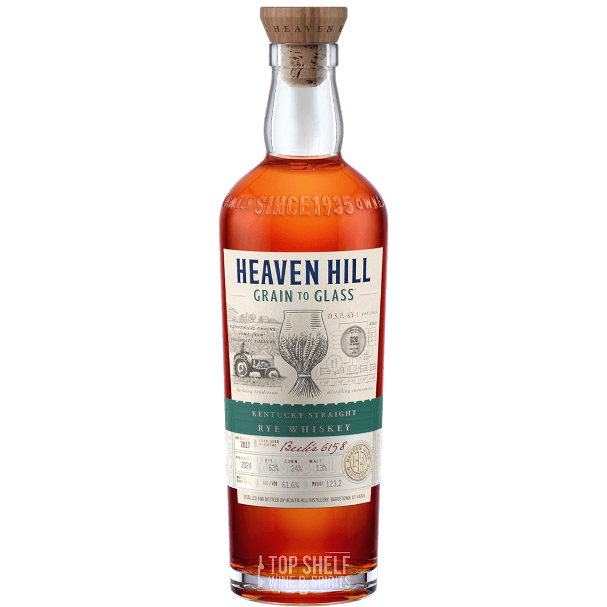 Heaven Hill Grain to Glass Straight Rye Whiskey bottle with label showing proof and age, crafted from unique corn varietal.