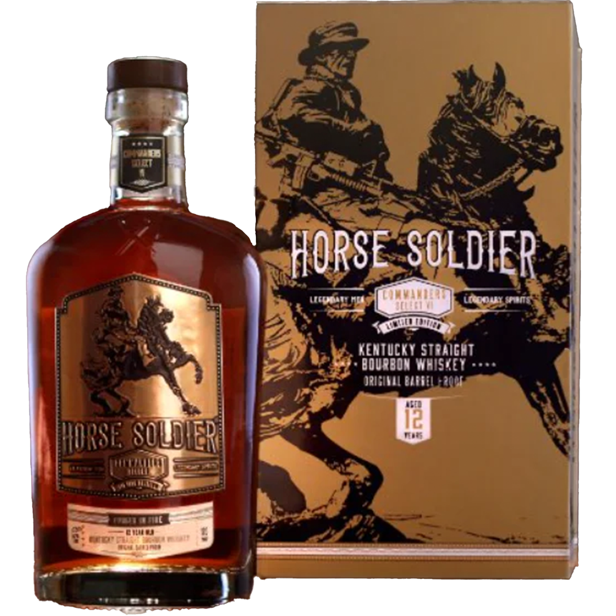 Horse Soldier Commander’s Select VI 12 Year Bourbon bottle and box featuring strong equestrian design.