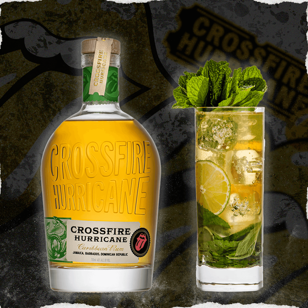 Crossfire Hurricane Caribbean Rum bottle with a refreshing mojito drink, showcasing a blend of Jamaican, Barbadian, and Dominican rums.