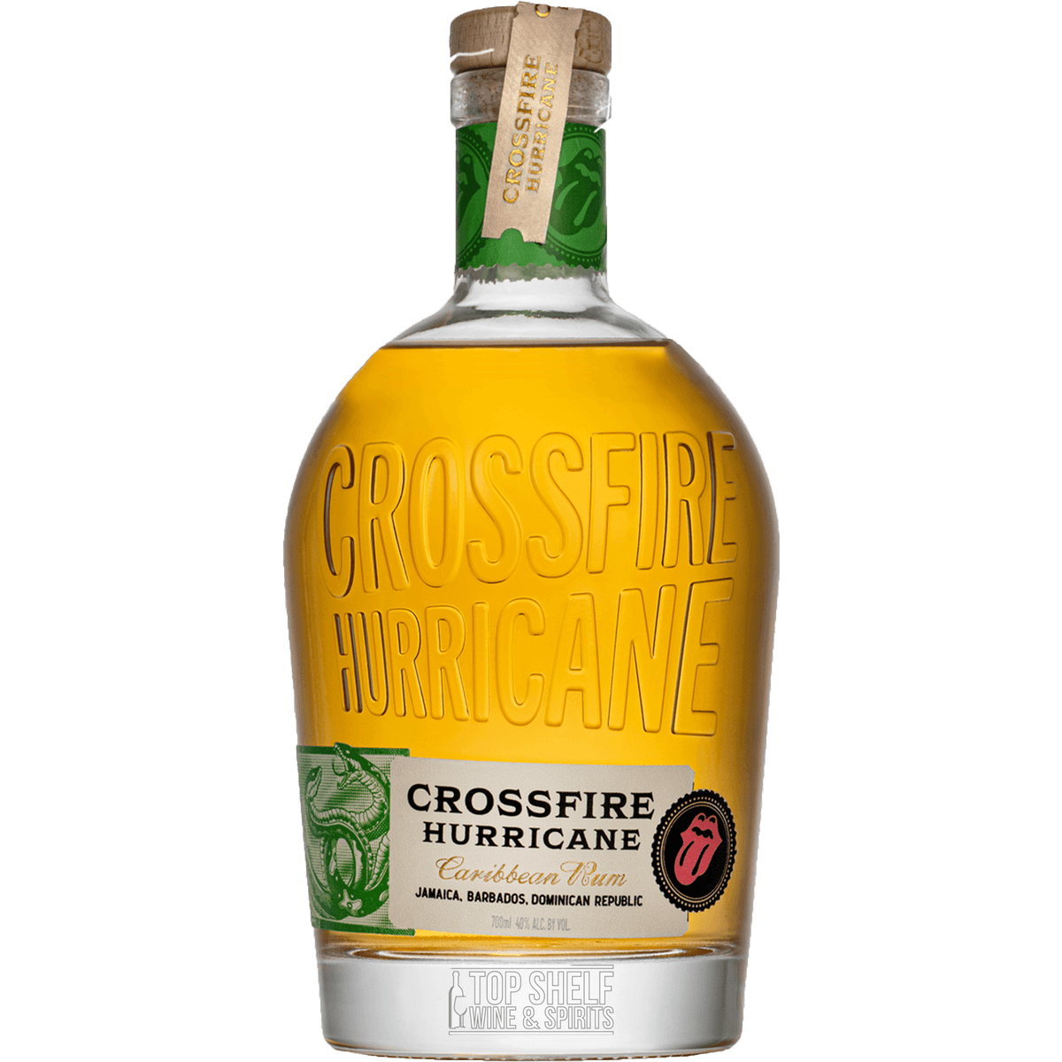 Bottle of Crossfire Hurricane Caribbean Rum, featuring a blend of Jamaican, Barbadian, and Dominican rums.