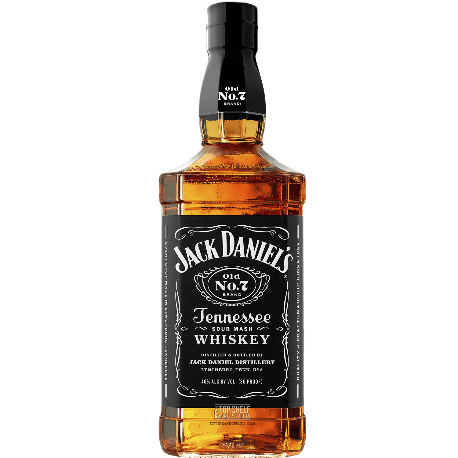 Jack Daniel's Tennessee Whiskey bottle, charcoal mellowed, handcrafted, with rich amber color and classic label.