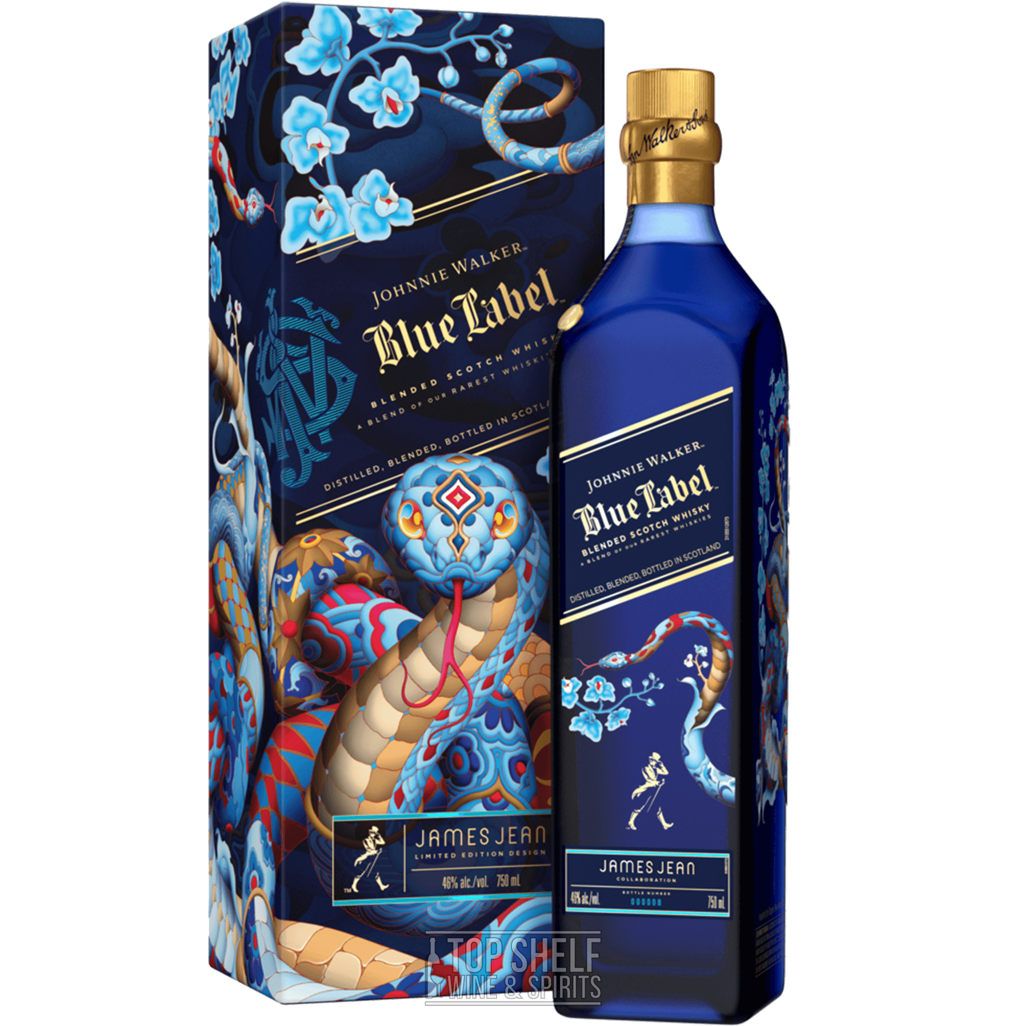 Johnnie Walker Blue Label Year of the Snake Limited Edition bottle by James Jean with vibrant artwork and packaging.