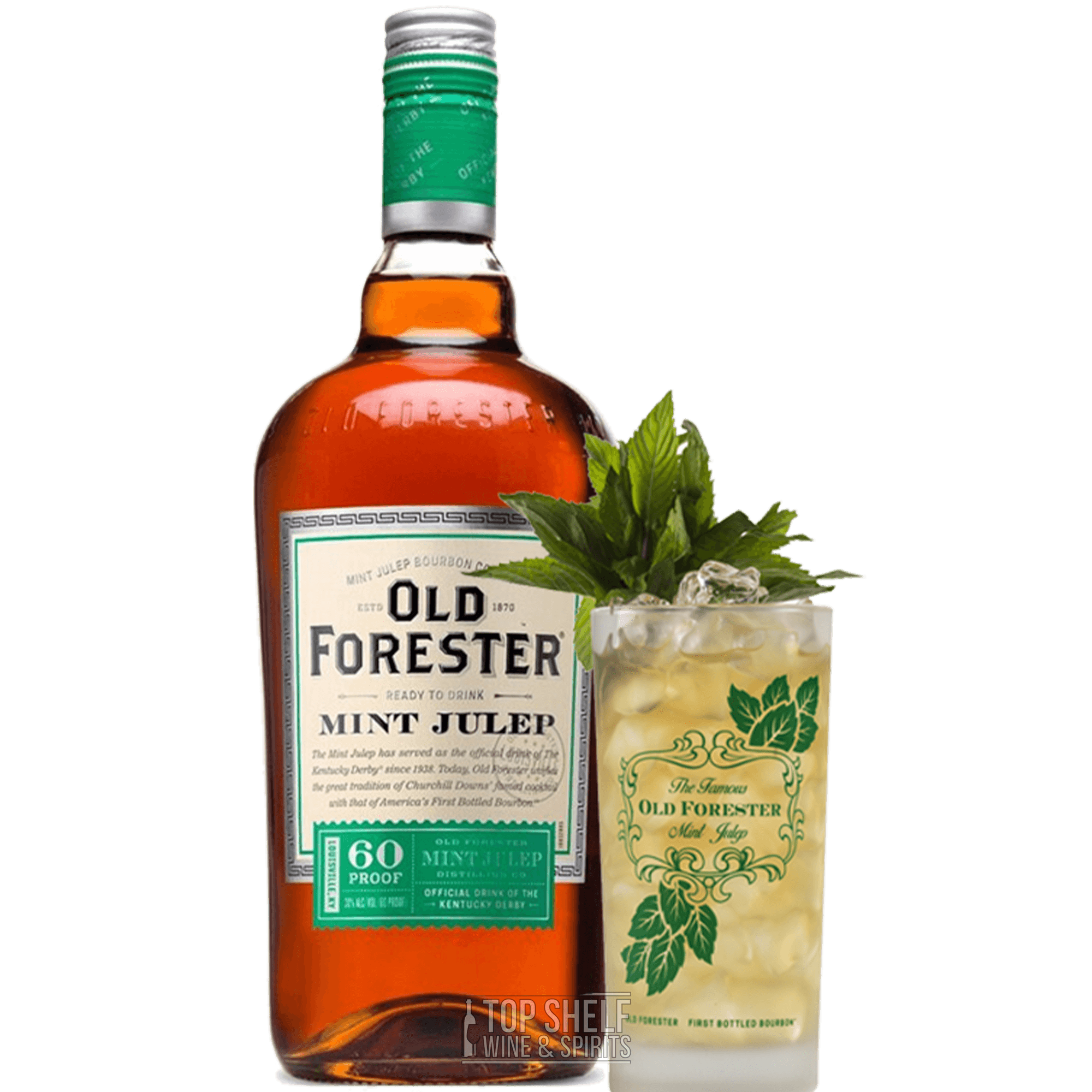Old Forester Mint Julep ready-to-drink bourbon, featuring a mint sprig and served over ice in a glass.