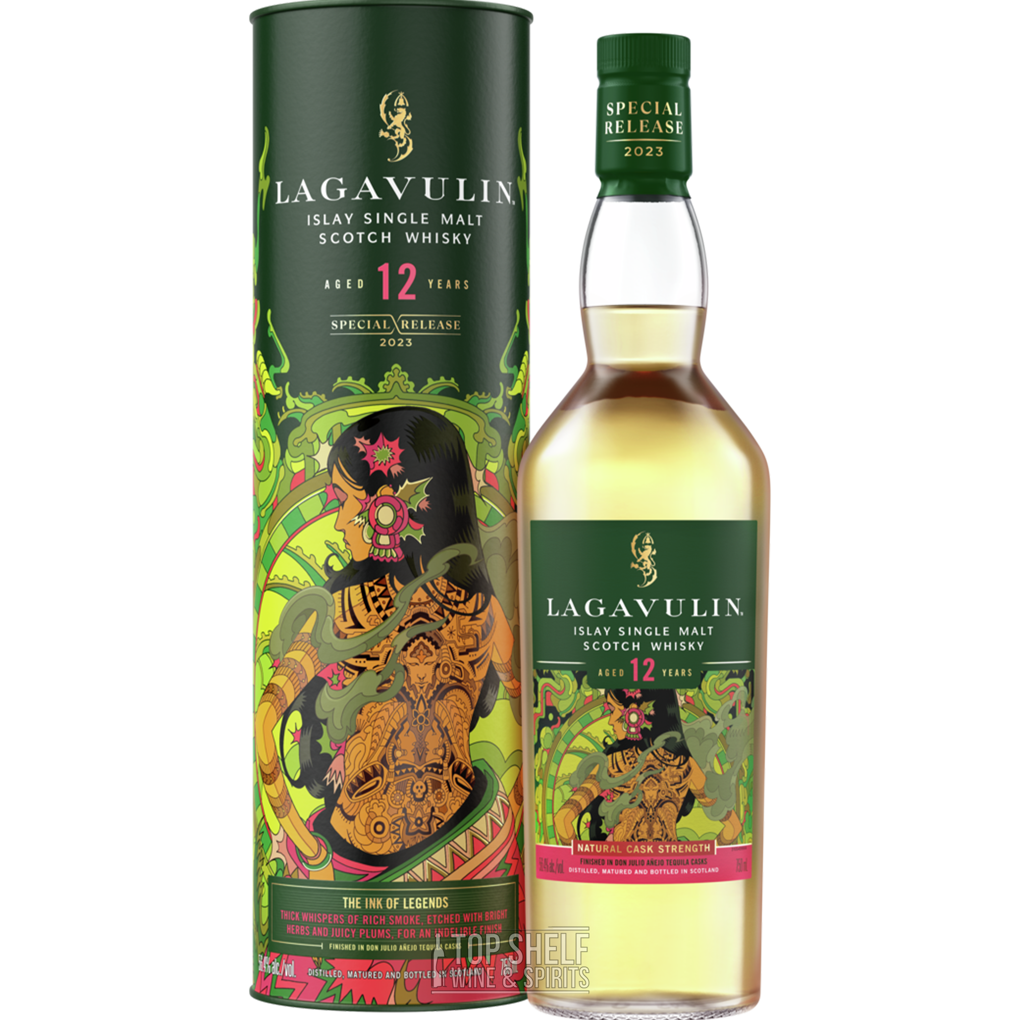 Lagavulin 12 Year Old Special Release 2023 Scotch Whisky with colorful tattoo-inspired packaging.