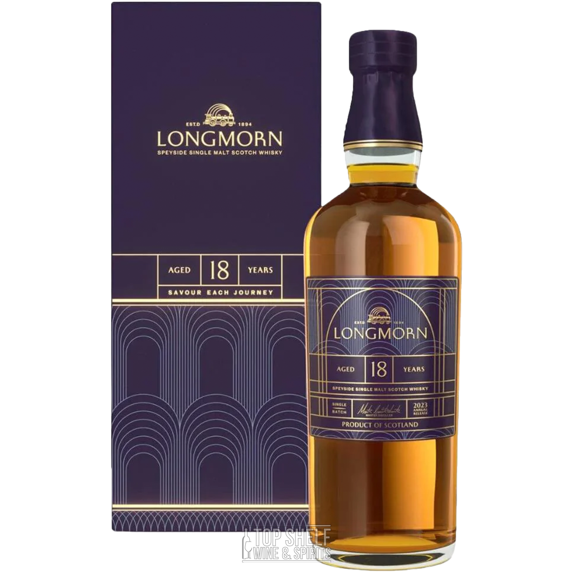 Longmorn 18 Year Speyside Single Malt Scotch whisky bottle and packaging, highlighting its rich flavors and unique aging.