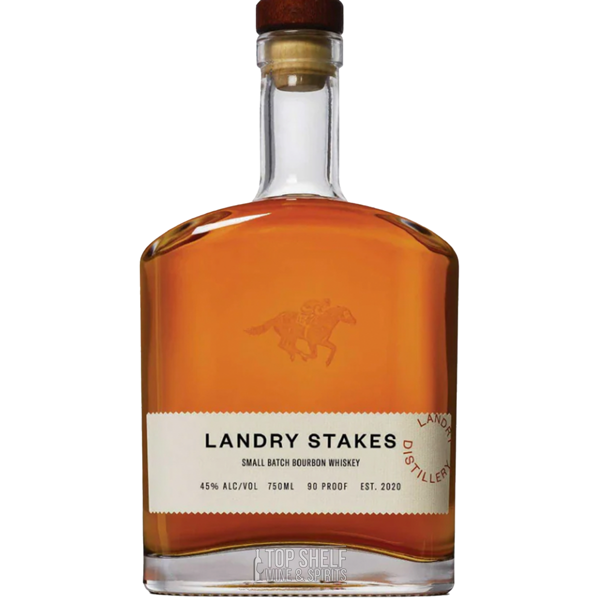 Landry Stakes Small Batch Bourbon Whiskey bottle with amber hues and elegant label design.