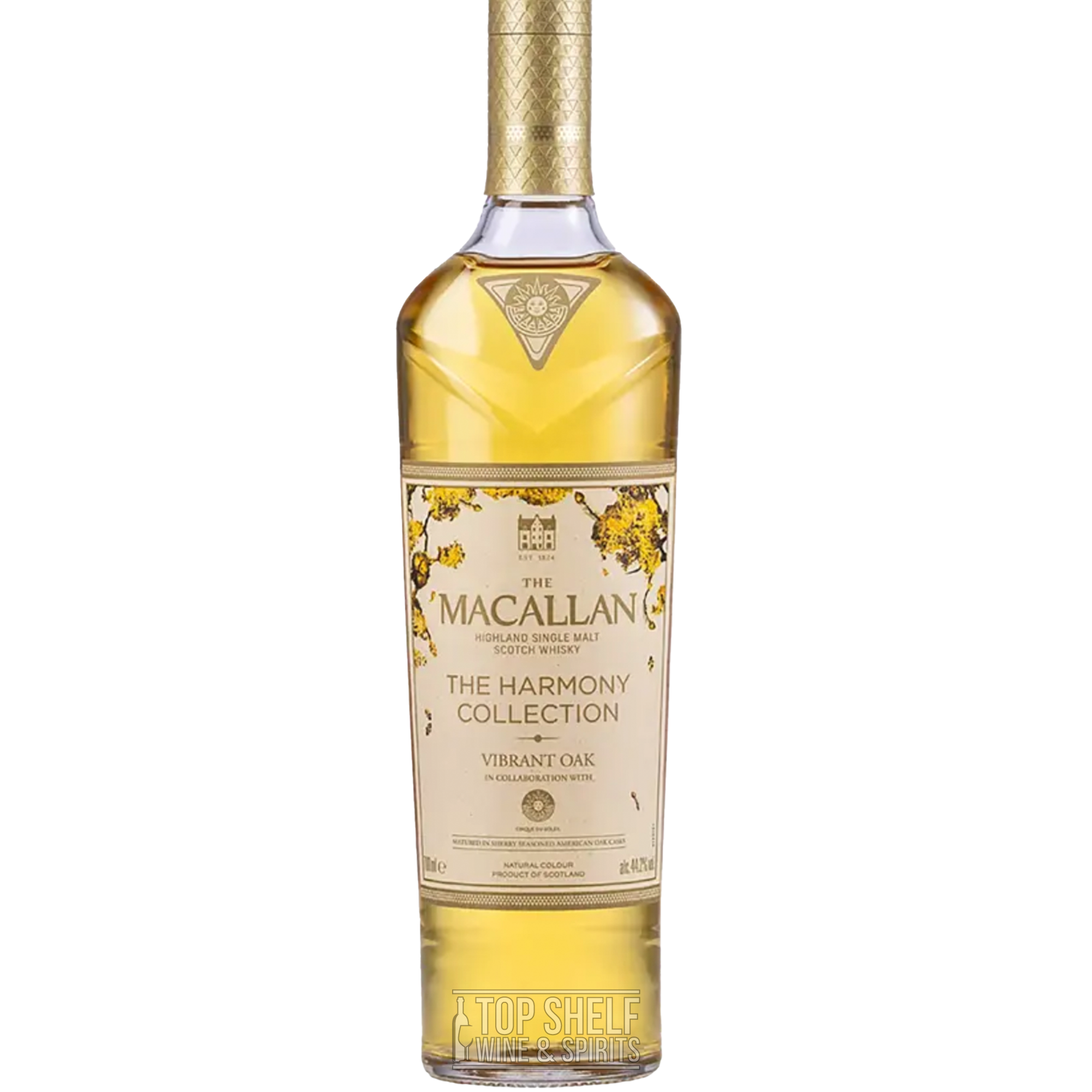 Macallan Harmony Collection Vibrant Oak Single Malt Scotch whisky bottle showcasing its elegant design and vibrant color.