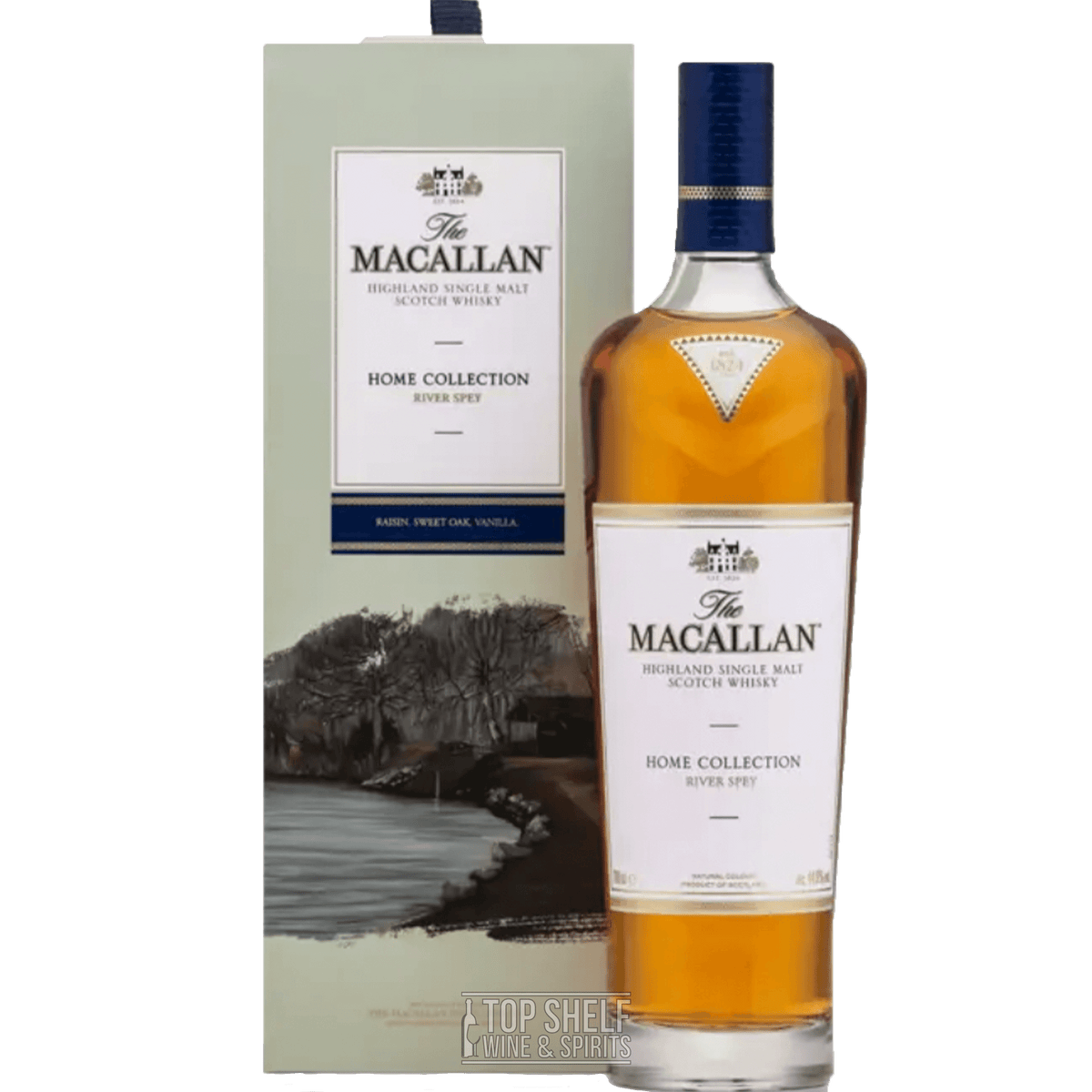 Macallan Home Collection River Spey Single Malt Scotch Whisky with packaging showcasing the River Spey.