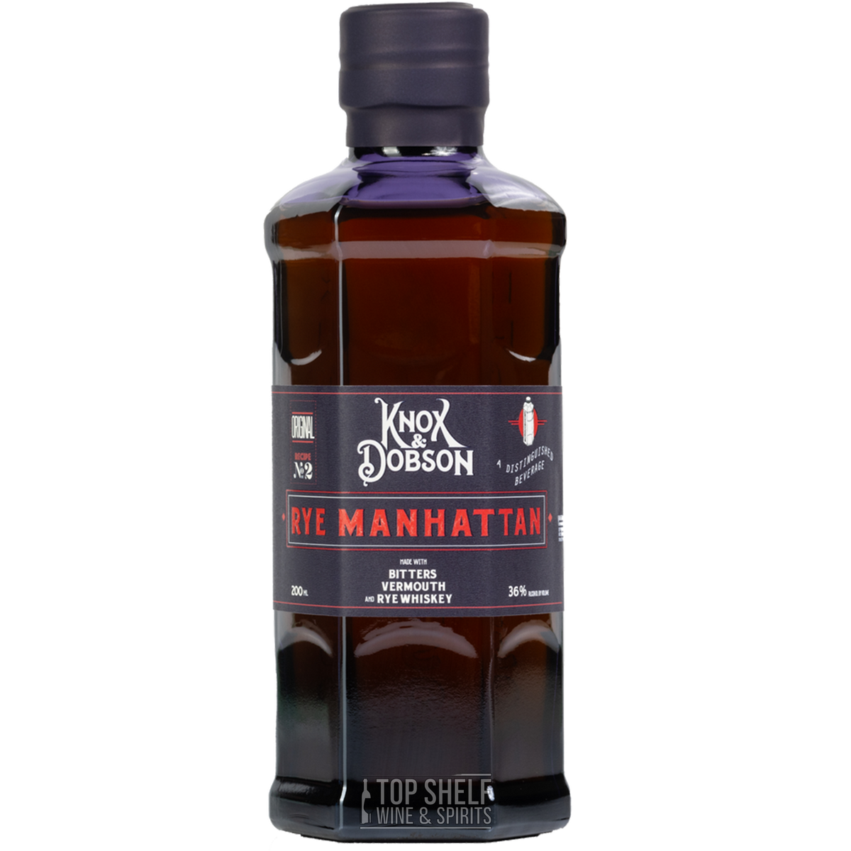 Knox & Dobson Rye Manhattan 200ml bottle featuring aged rye whiskey, sweet vermouth, and bitters for a premium cocktail.