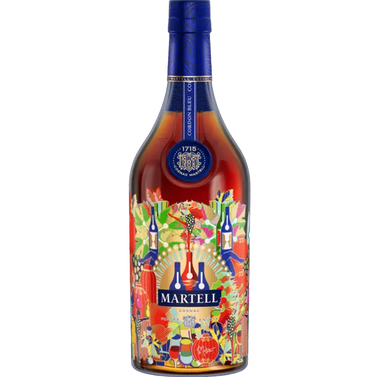 Martell Cordon Bleu Lunar New Year Cognac by Wu Jian'an, featuring vibrant, festive design and rich golden color.