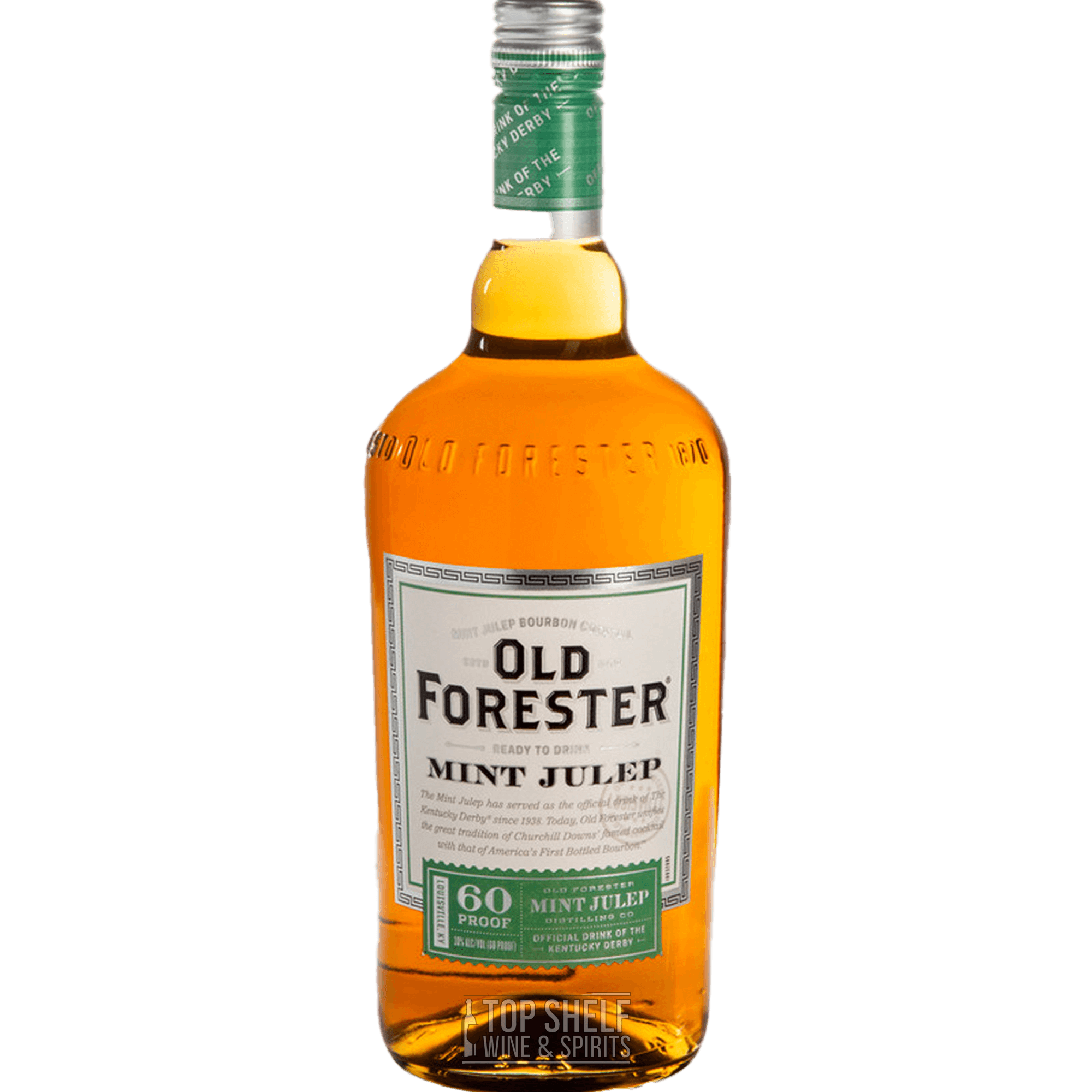 Old Forester Mint Julep 1L bottle featuring bourbon and mint, the official drink of the Kentucky Derby, 60 proof.