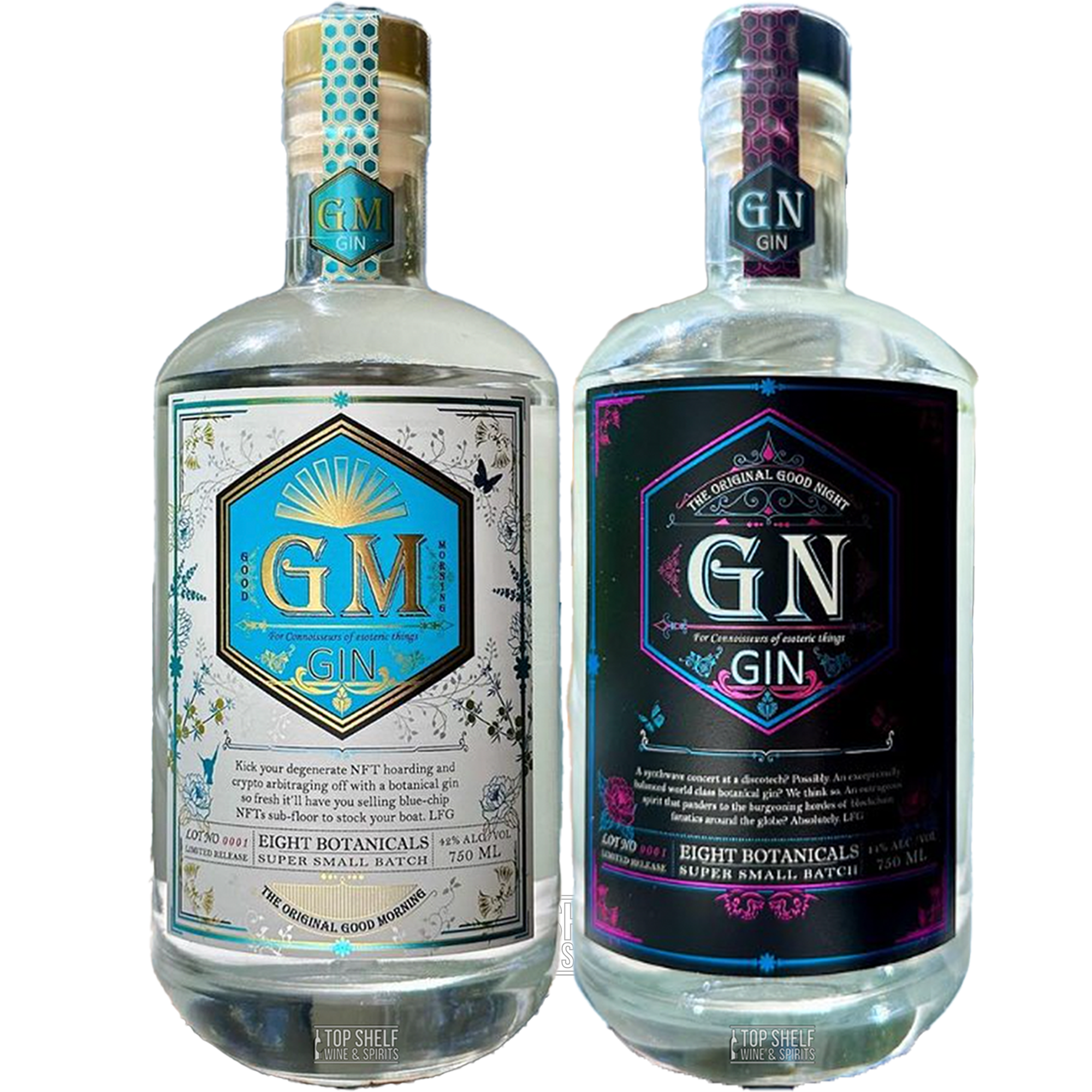 Good Morning & Good Night Gin combo pack featuring 2 bottles, showcasing vibrant botanical designs.