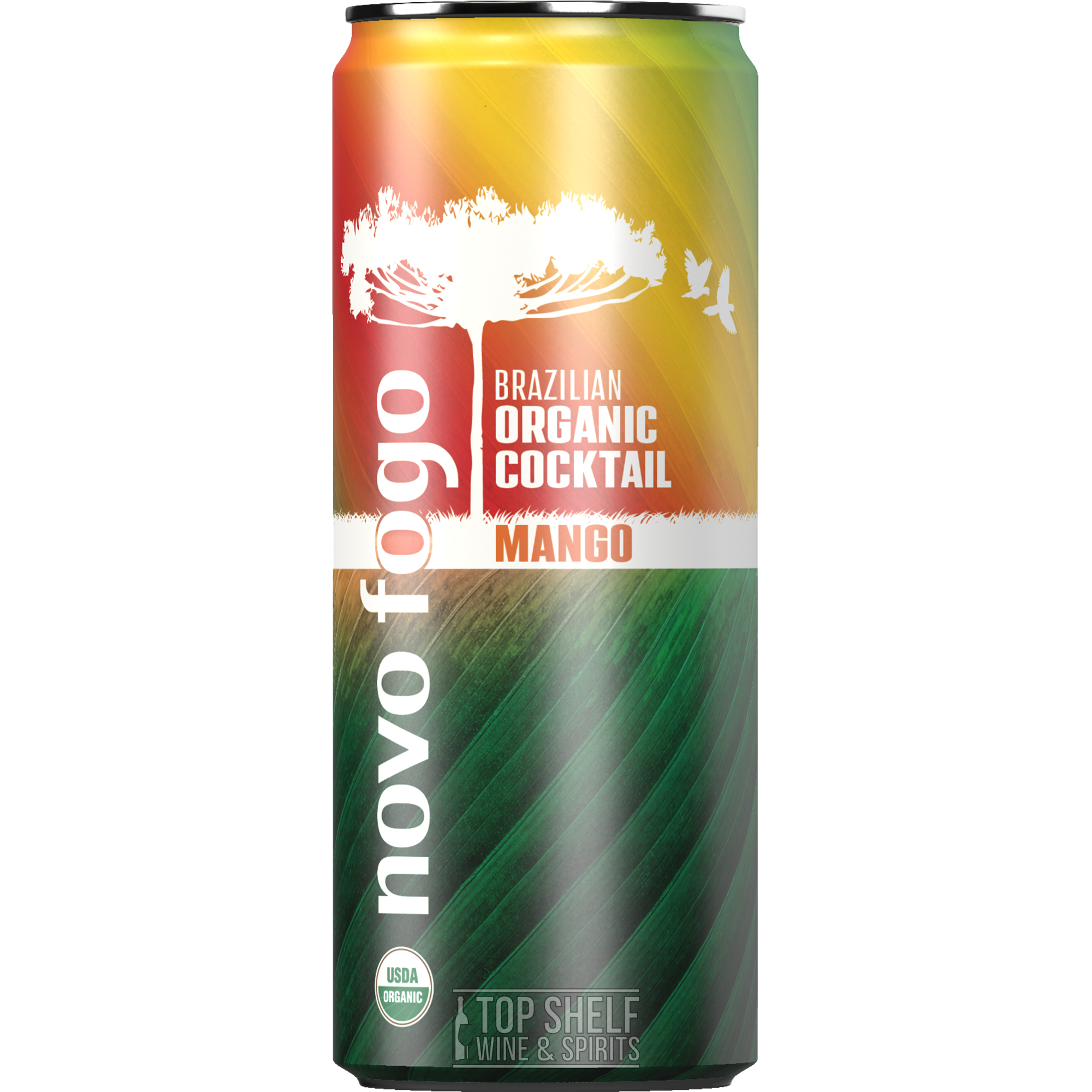 Novo Fogo Mango Organic Cocktail can, featuring vibrant colors and USDA organic label, ideal for refreshing beverages.
