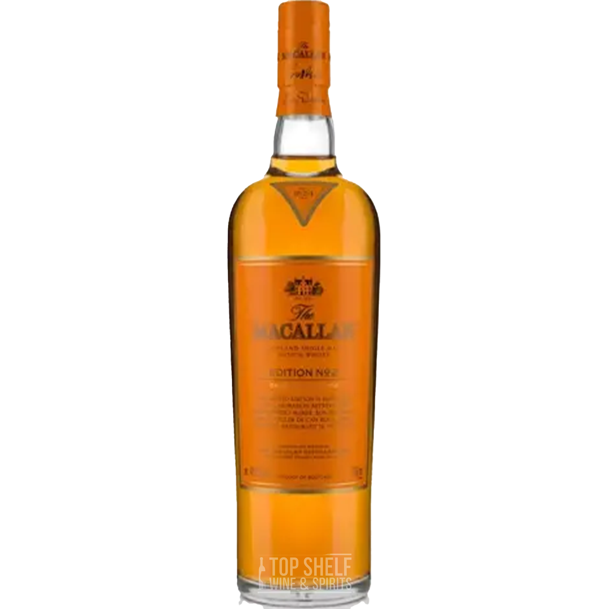 Macallan Edition No. 2 Single Malt Scotch bottle showcasing a rich amber hue and distinctive label design.