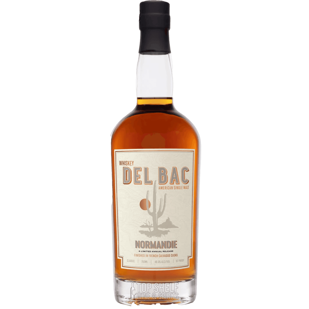 Del Bac Normandie Limited Release American Single Malt Whiskey bottle with label featuring desert and sunset design.