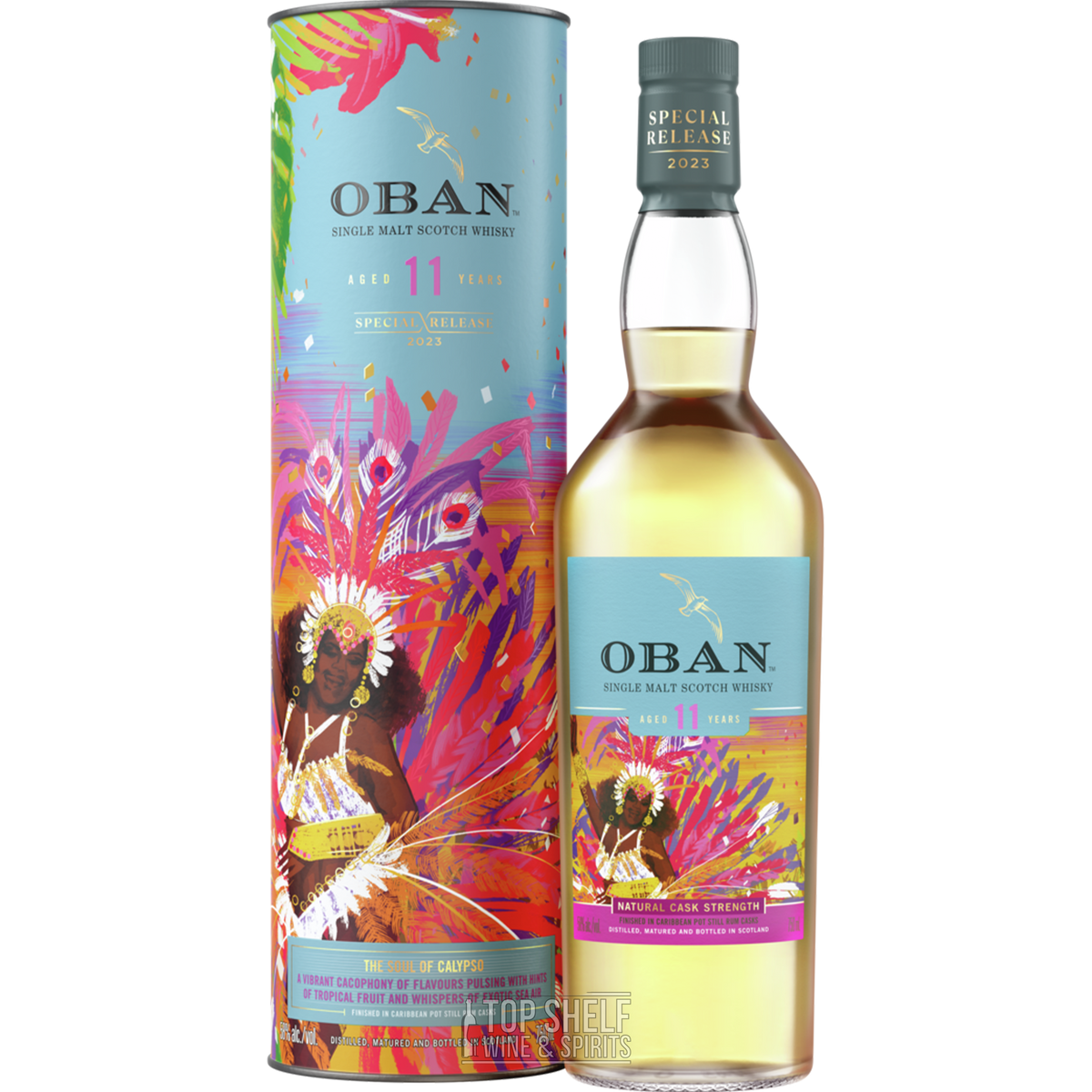 Oban 11 Year Old 2023 Special Release Scotch, vibrant packaging celebrating Caribbean culture and natural cask strength.