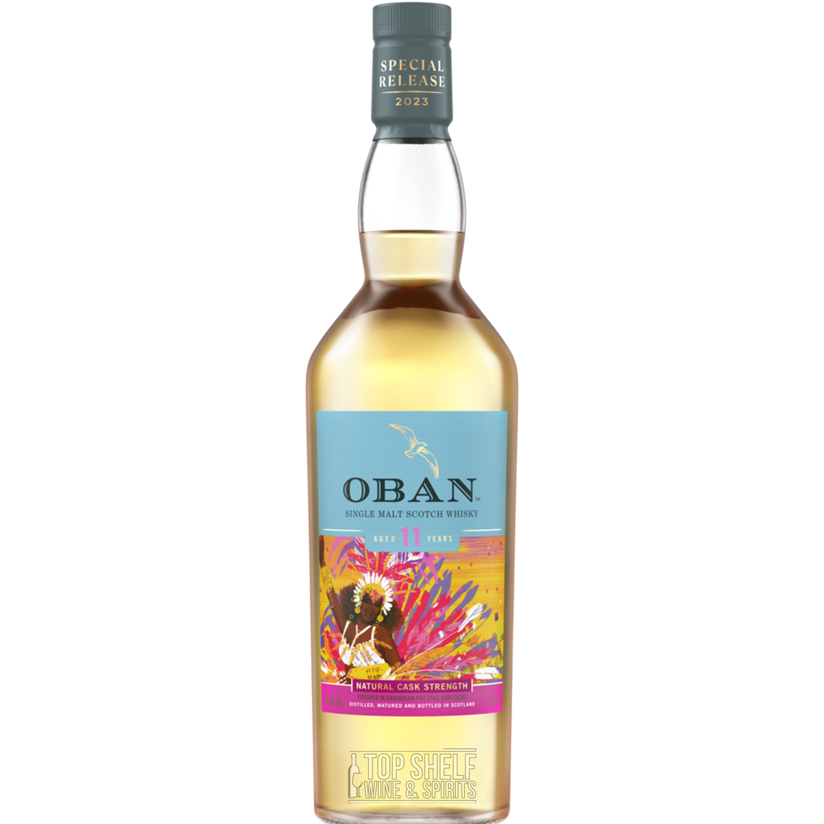 Oban 11 Year Single Malt Scotch Whisky 2023 Special Release, vibrant Caribbean-themed bottle design, cask strength.