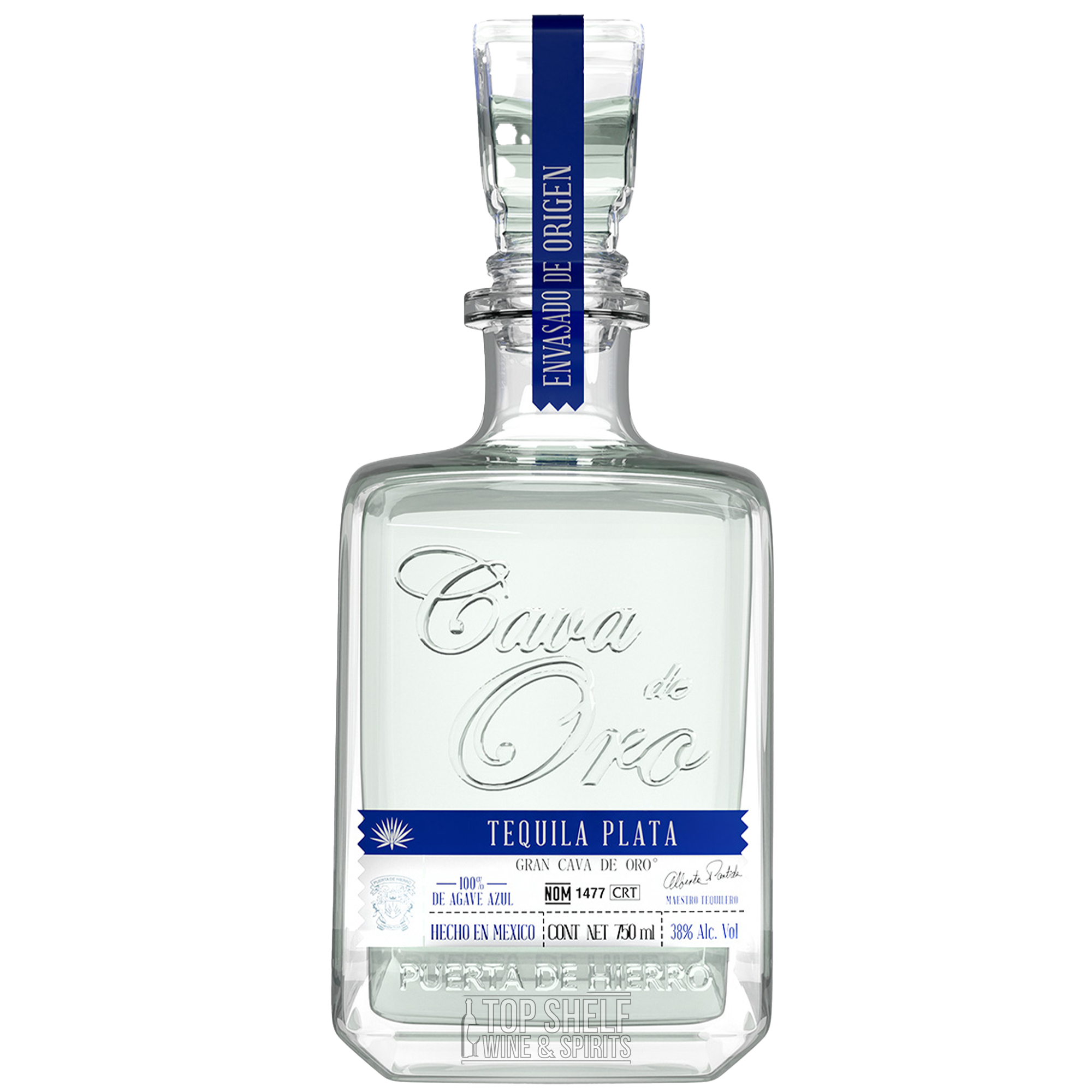 Cava De Oro Plata Tequila bottle, bright silver color, 80 proof, smooth agave flavor.
