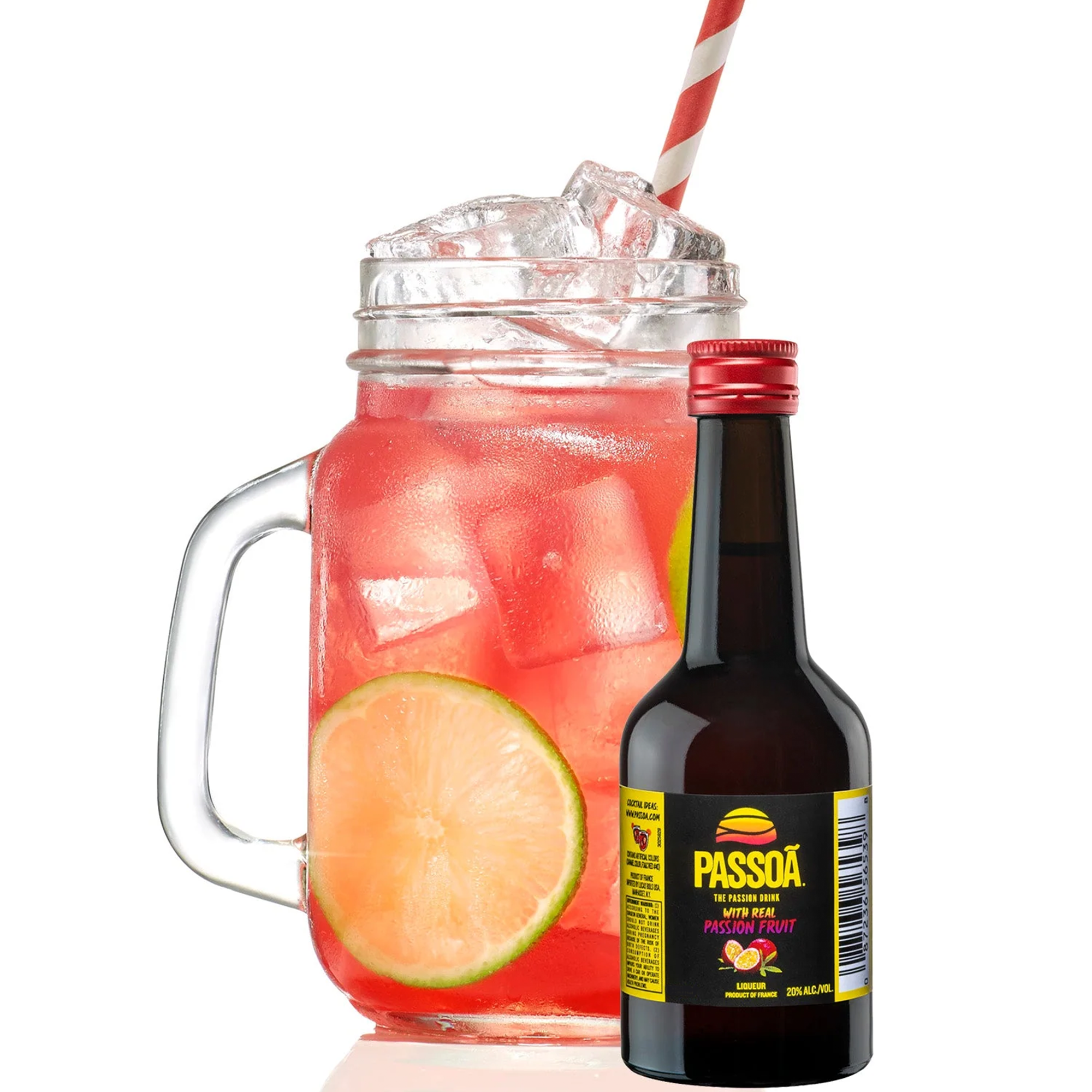 Passoa passion fruit liqueur bottle with refreshing cocktail in a mason jar featuring lime and ice.