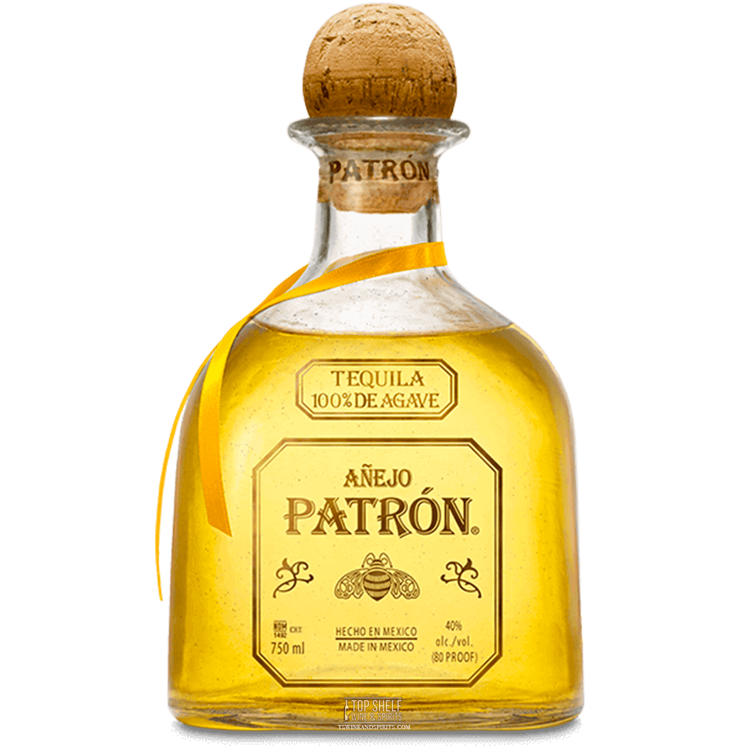 Patrón Añejo Tequila bottle, oak aged, 100% Weber Blue Agave, warm amber color, perfect for sipping.