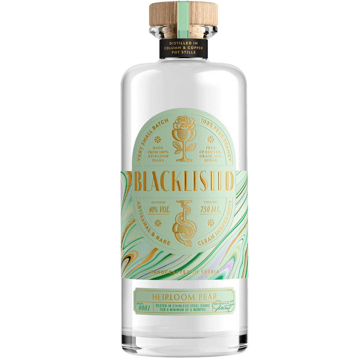 Blacklisted Heirloom Pear Brandy bottle, 750ml, distilled from heirloom pears, gluten-free, vegan, and sugar-free.