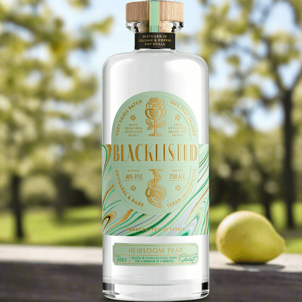 Bottle of Blacklisted Heirloom Pear Brandy, 100% heirloom pears, naturally vegan, gluten-free, 40% ABV.