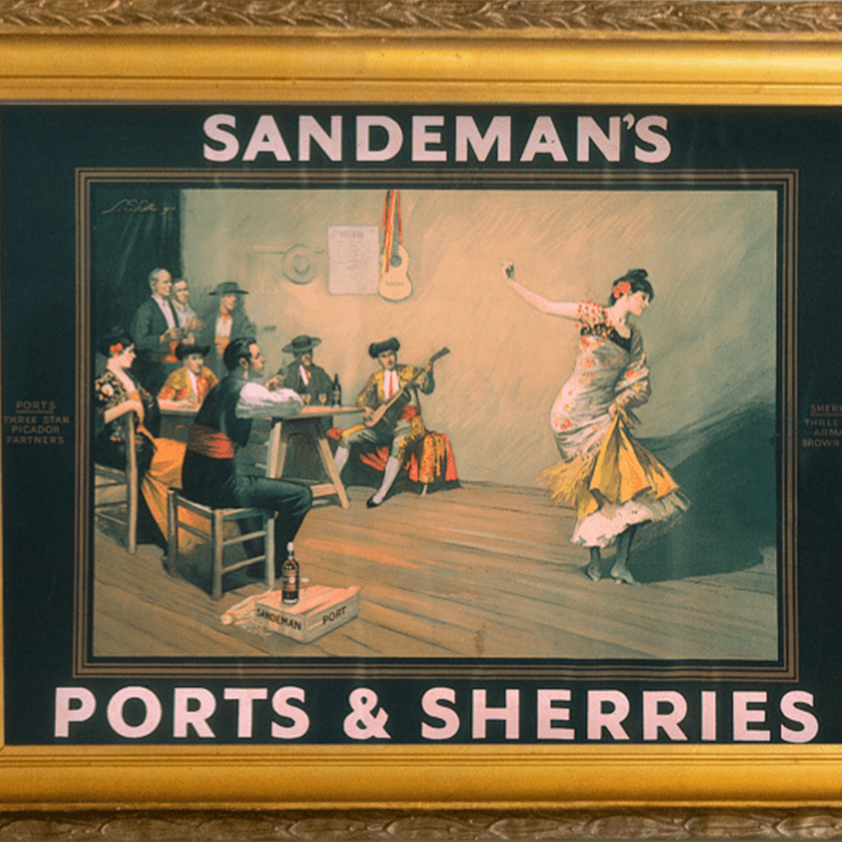 Vintage Sandeman's Ports & Sherries advertisement featuring dancers and musicians in a lively setting.