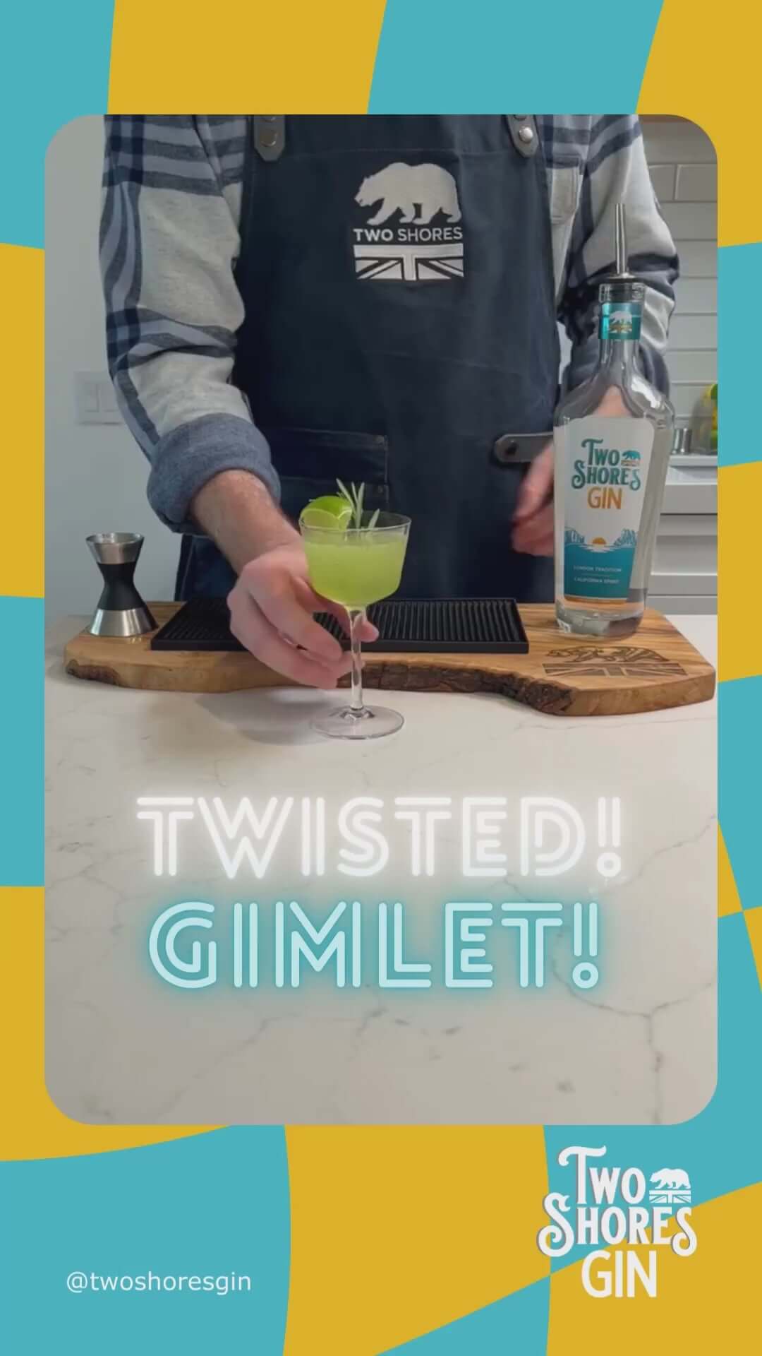 Bartender preparing a Twisted Gimlet cocktail using Two Shores Gin on a stylish wooden bar.
