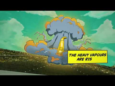 Illustration of a cloud of vapors rising with a text banner about "Heavy Vapours" for Ardbeg Scotch.