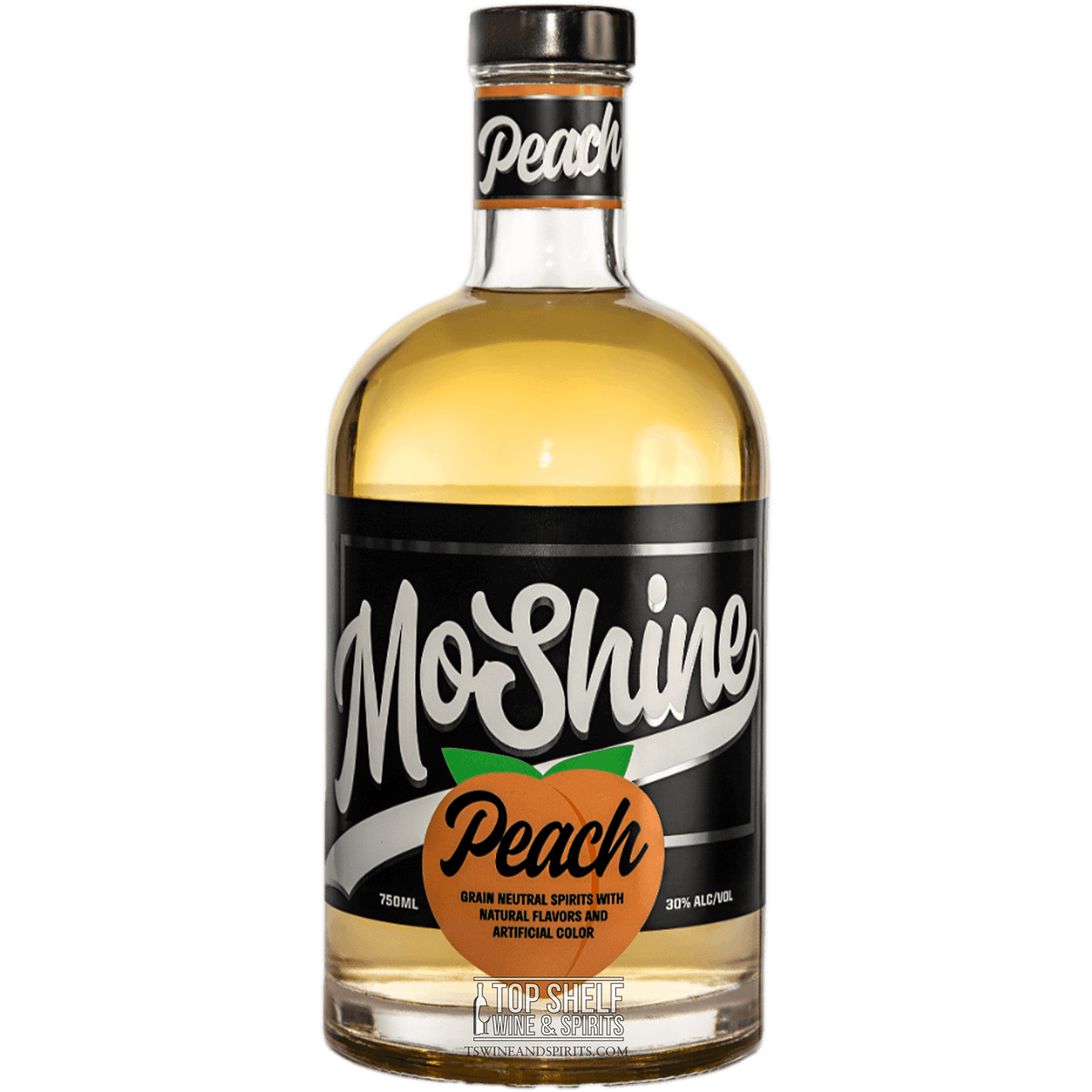 MoShine Peach Moonshine bottle with vibrant peach flavor and 30% ABV, showcasing sweet Southern essence.