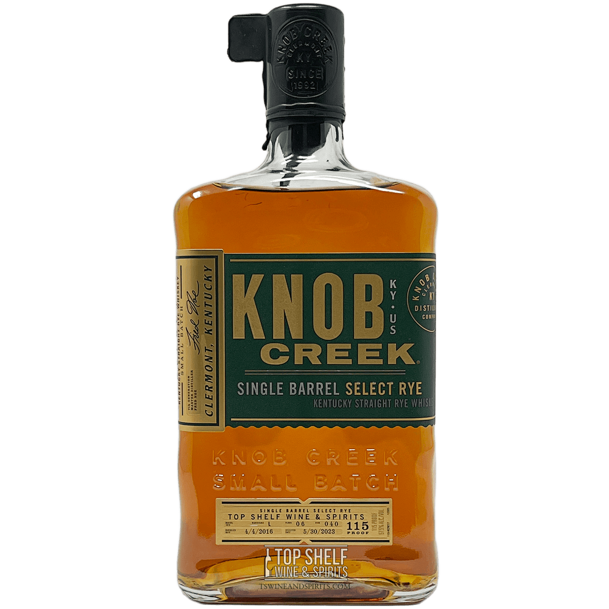 Knob Creek Single Barrel Select Rye whiskey bottle, aged 7 years, featuring rich amber color and distinctive label.