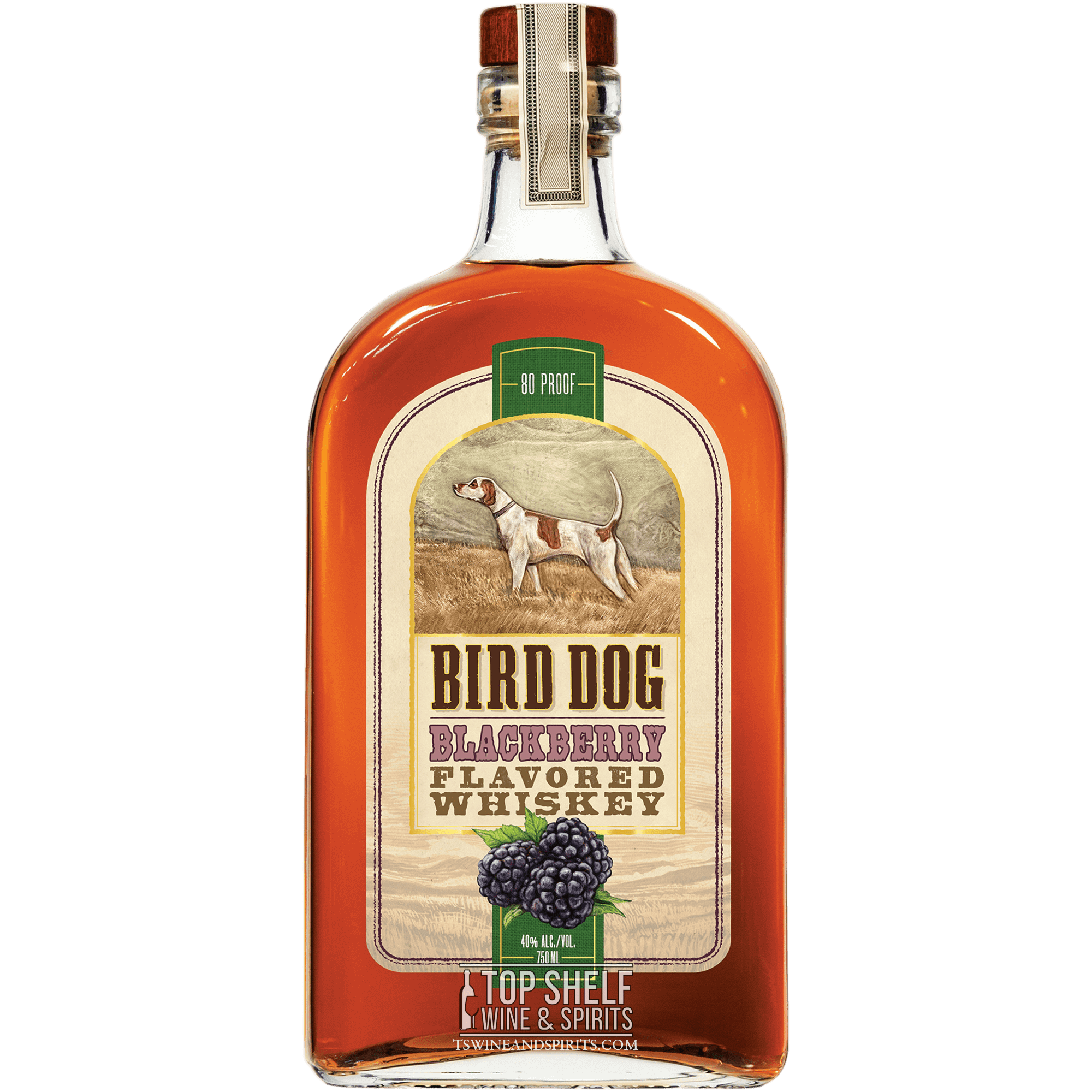 Bird Dog Blackberry Flavored Whiskey bottle, featuring rich amber color and blackberry accents, 80 proof.