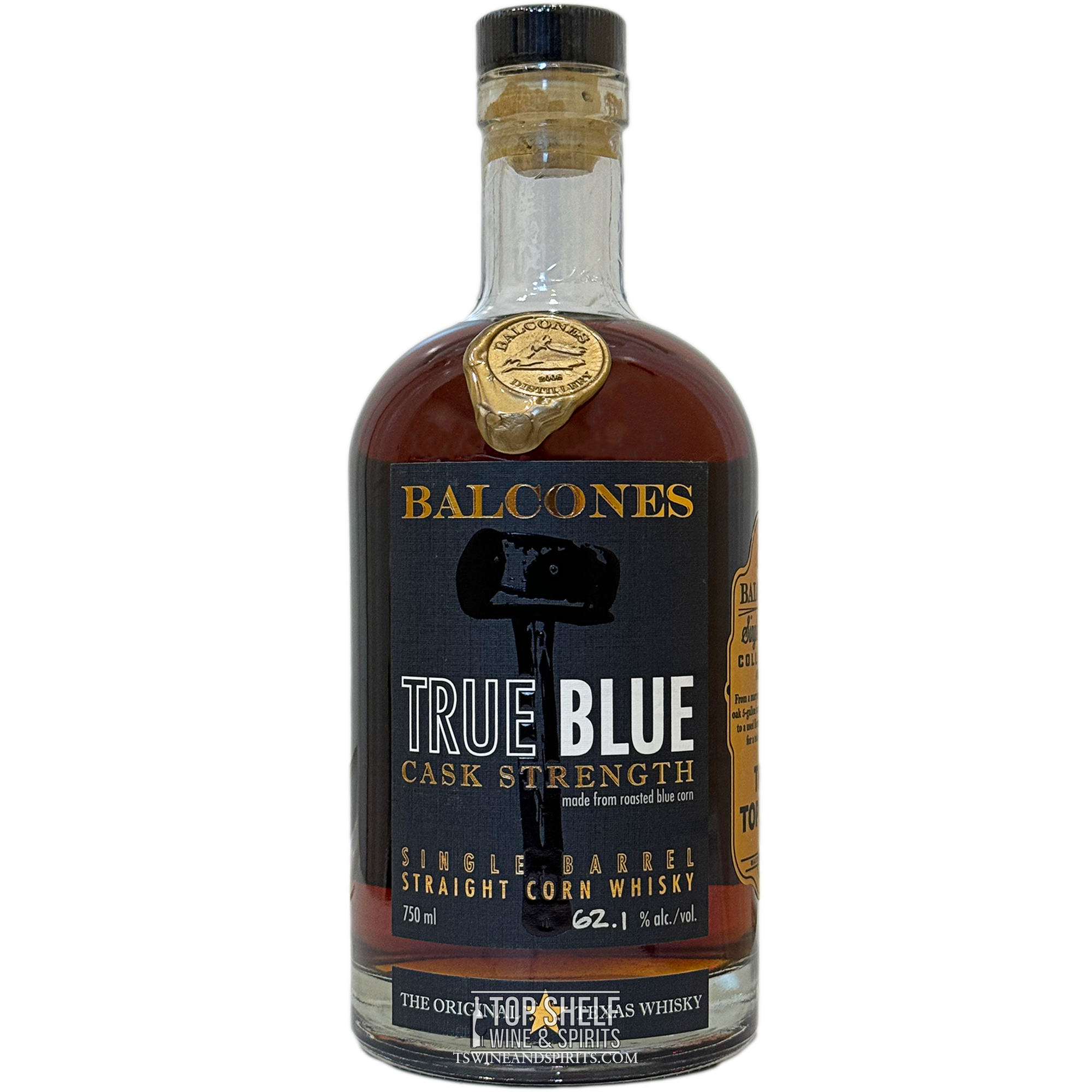 Balcones Cask Strength True Blue Single Barrel whisky bottle showcasing its rich amber color and detailed labeling.