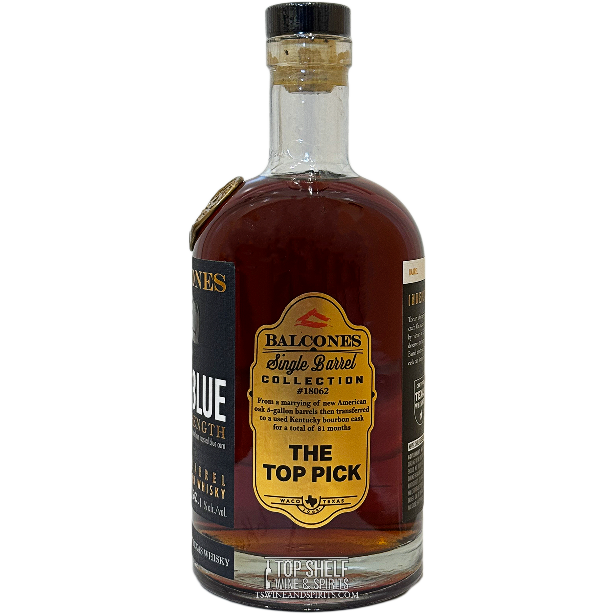 Balcones Cask Strength True Blue Single Barrel Bourbon bottle with distinct label and rich amber color.