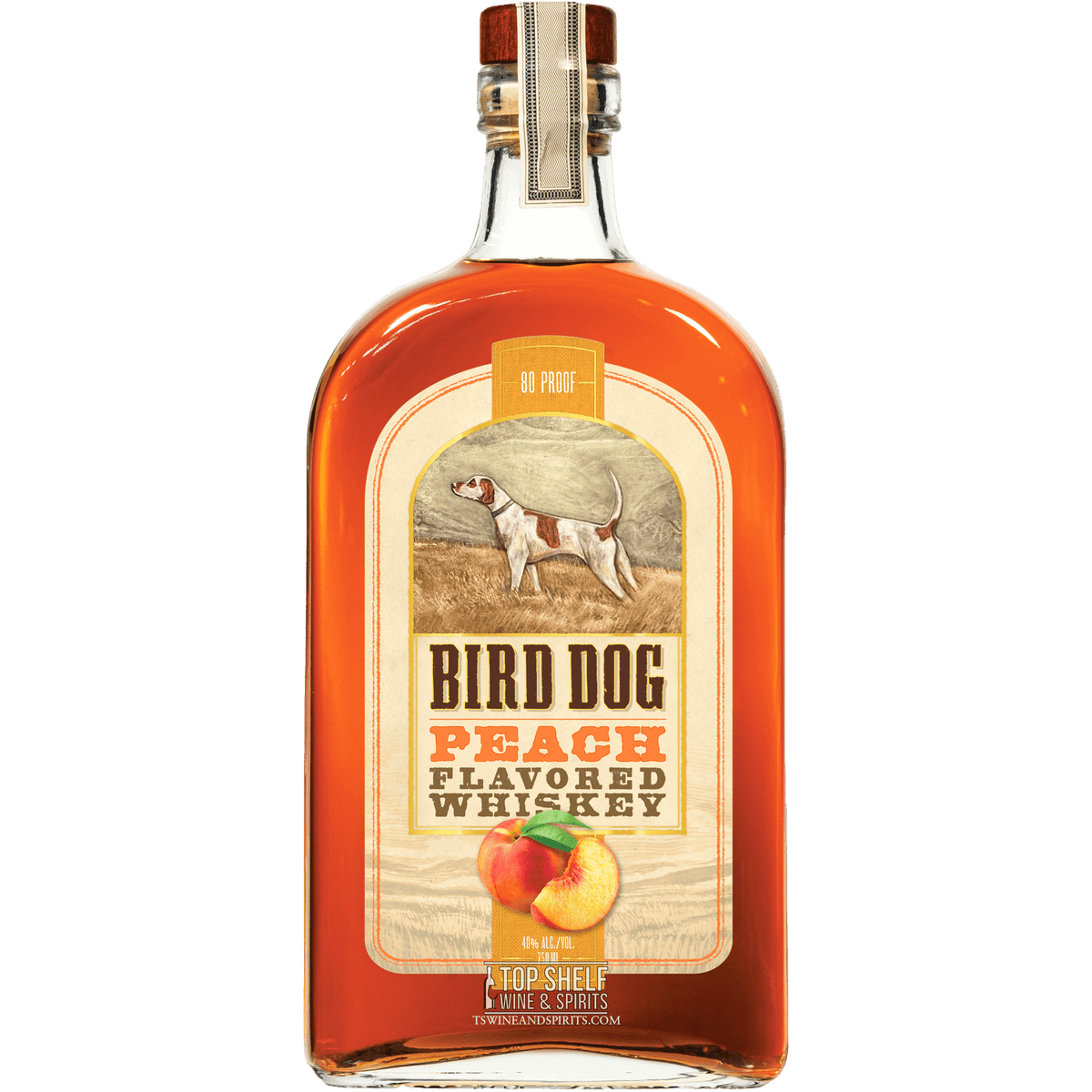 Bird Dog Peach Whiskey bottle featuring a dog, colorful label, and peach illustration, showcasing its 80 proof flavor.