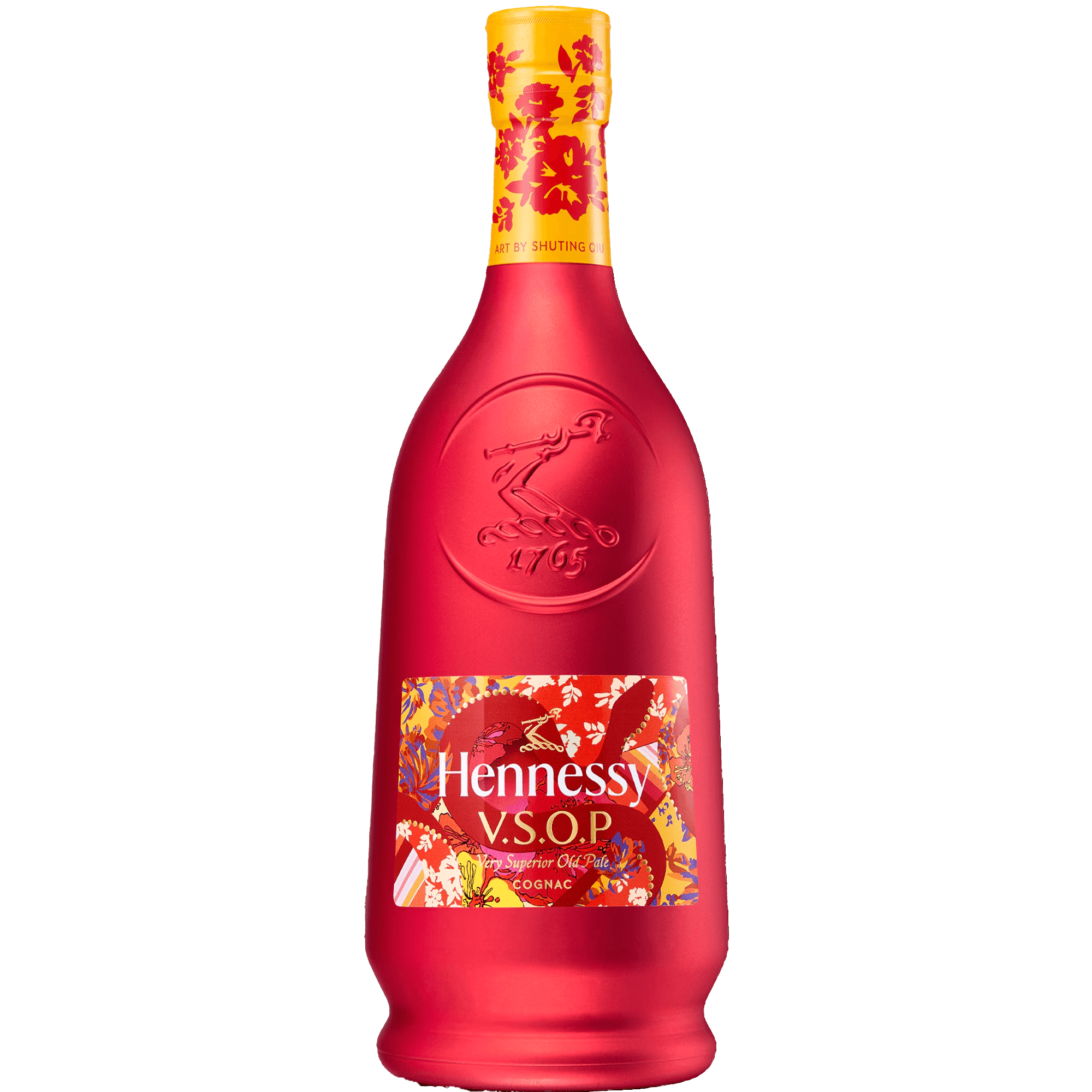 Hennessy V.S.O.P Lunar New Year 2025 by Shuting Qiu, featuring vibrant red packaging with floral designs.