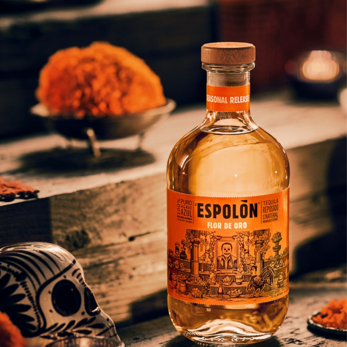 Espolón Flor de Oro Reposado Tequila bottle showcasing seasonal Día de Los Muertos design and marigold flavor.