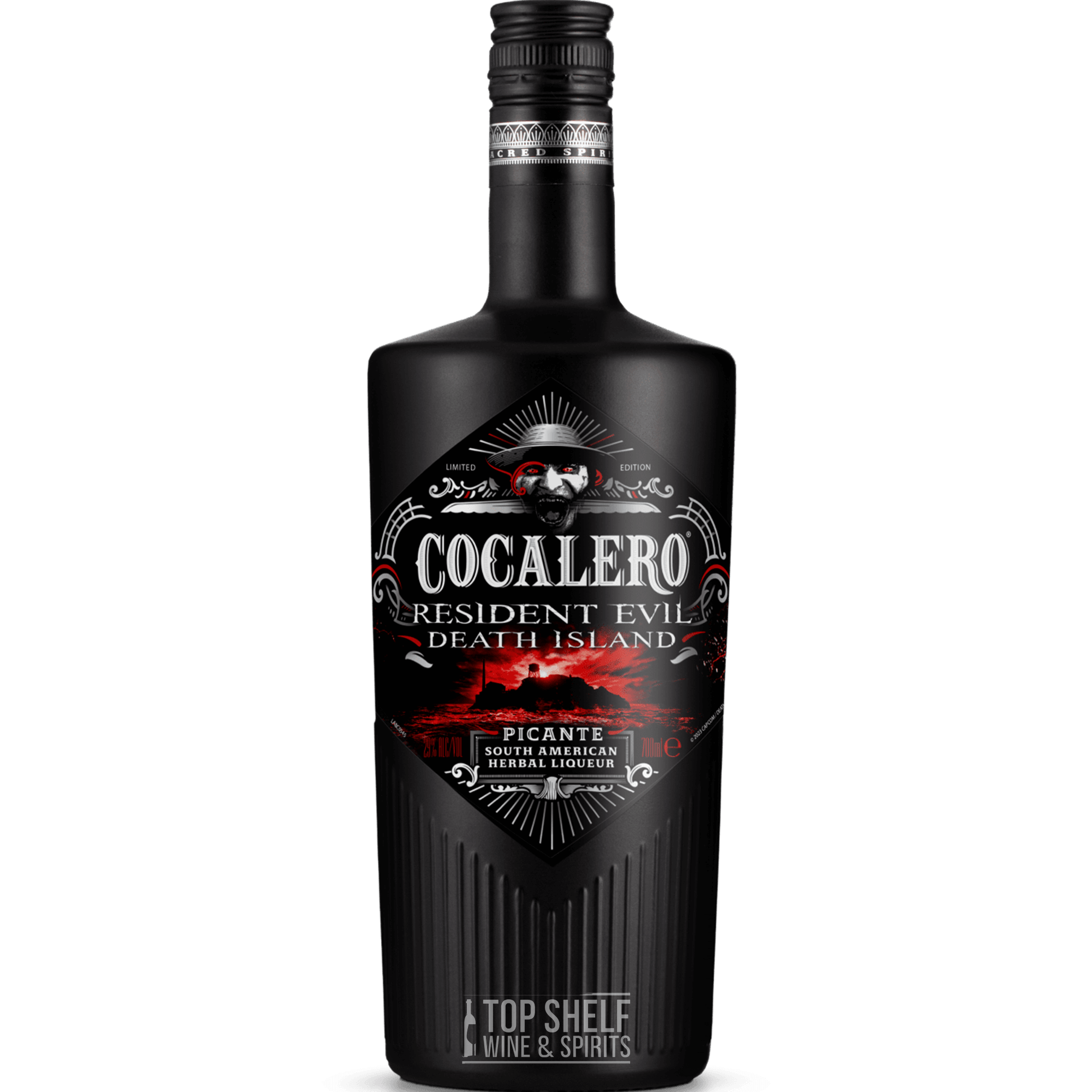 Cocalero x Resident Evil Death Island Picante Liqueur bottle featuring spicy Aji Panca and Locoto Pepper flavors.
