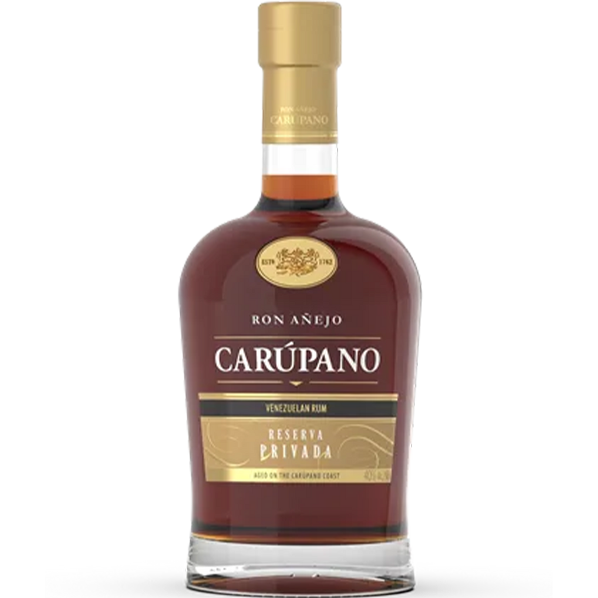 Ron Carupano Riserva Privada 21 Year Anejo Rum bottle with dark amber color and elegant design.