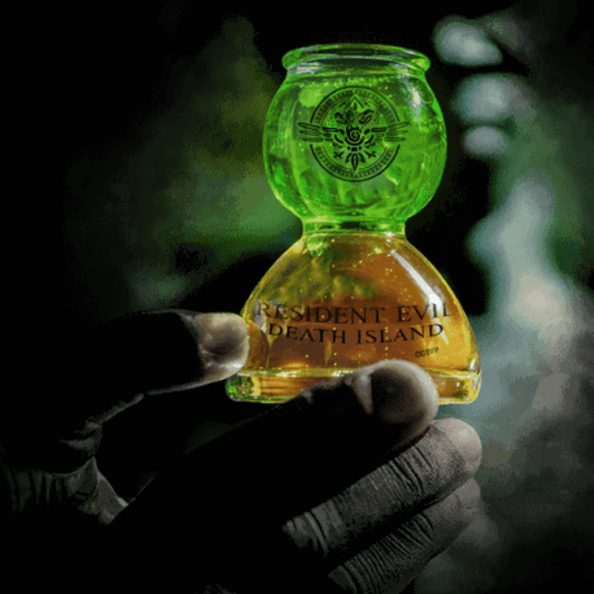 Cocalero x Resident Evil Picante Liqueur bottle held by a hand, showcasing vibrant green and orange liquid.