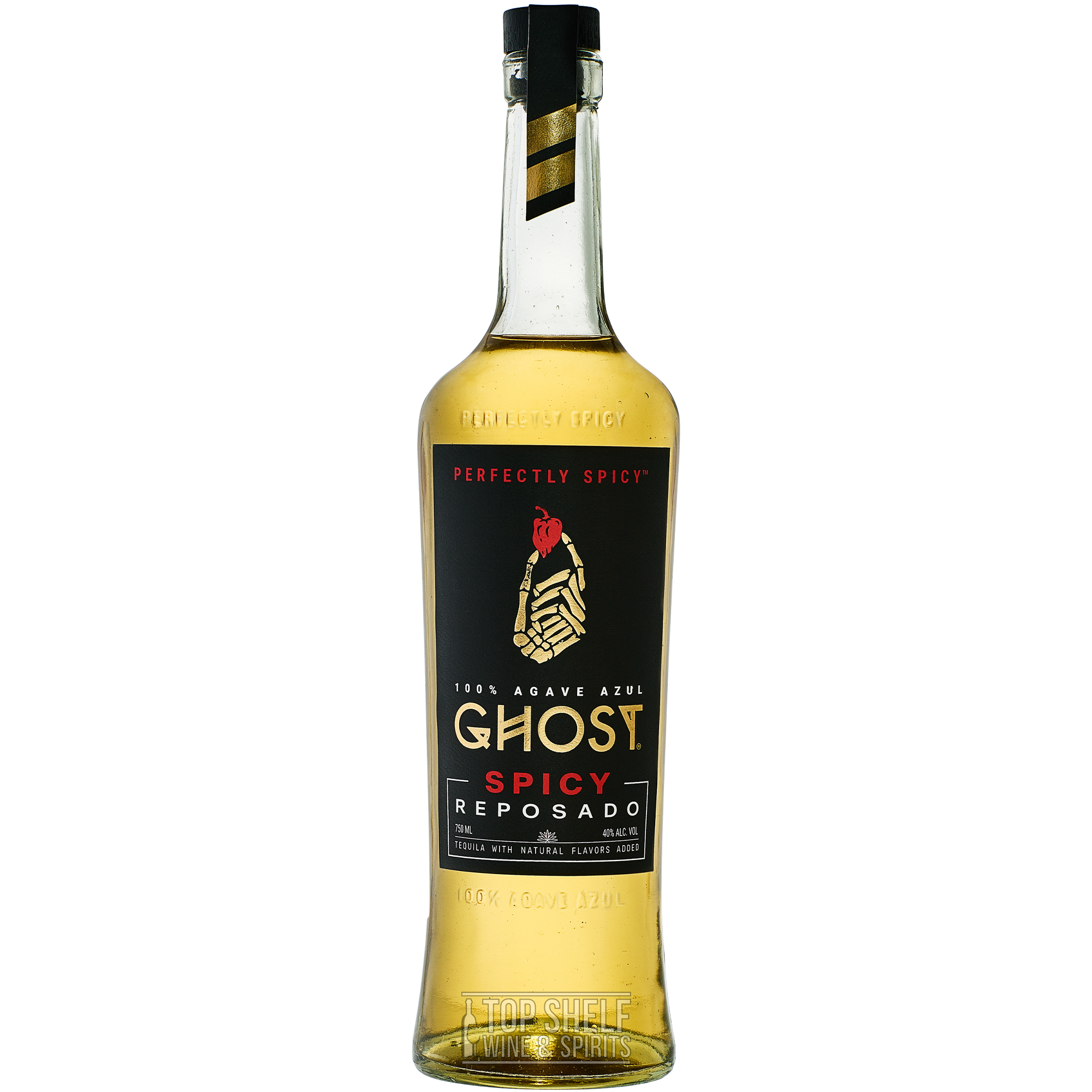 Bottle of Ghost Spicy Reposado Tequila, premium 100% Blue Agave with ghost pepper infusion.