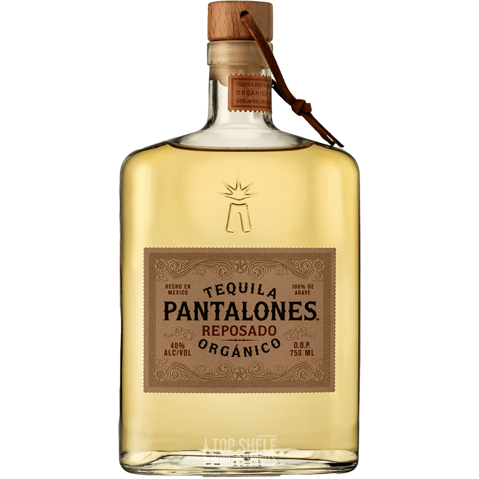Pantalones Reposado Tequila bottle with organic label, aged 9 months in oak barrels, 750ml, 80 proof.