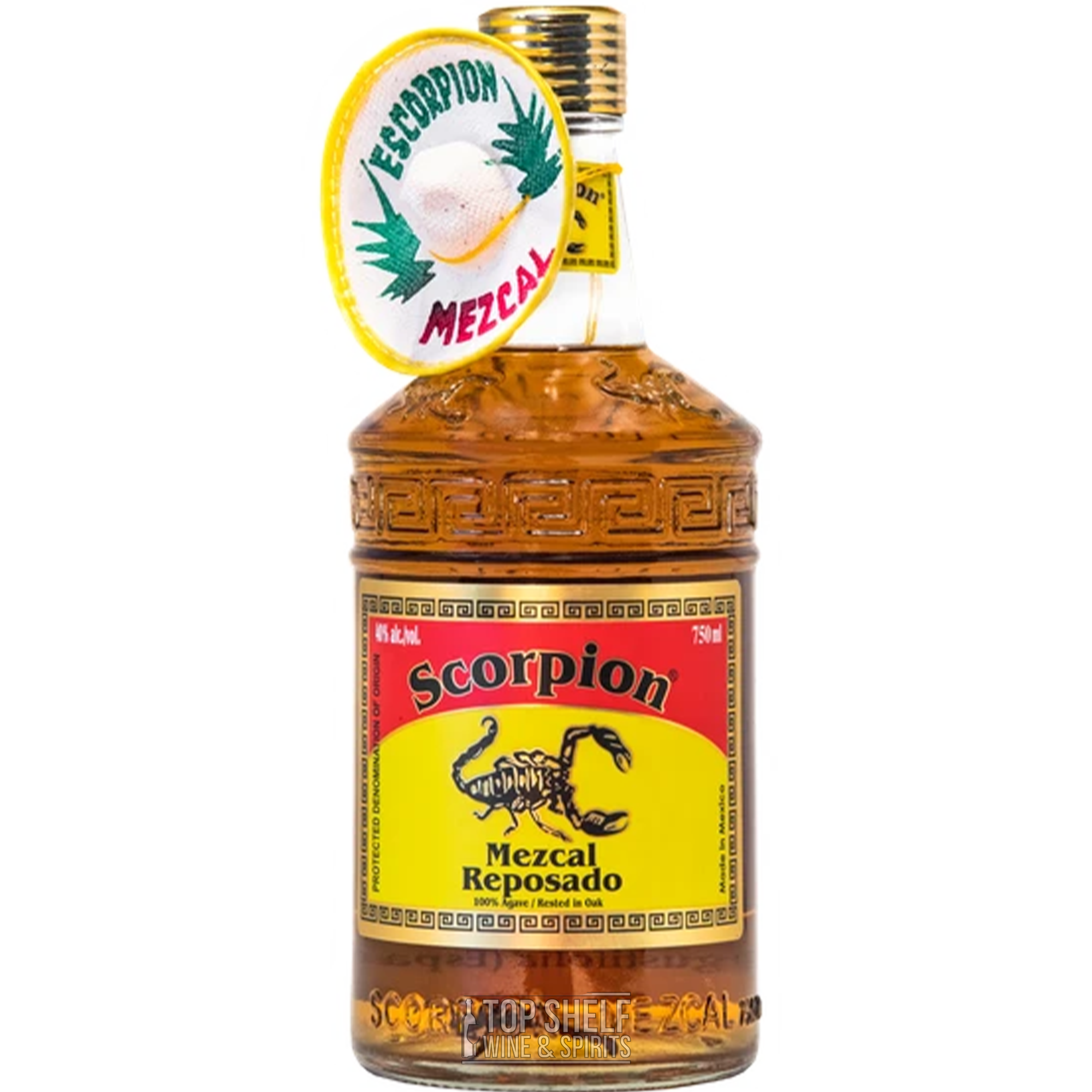 Scorpion Reposado Espadin Mezcal bottle with authentic scorpion and sombrero, crafted in Oaxaca, Mexico.