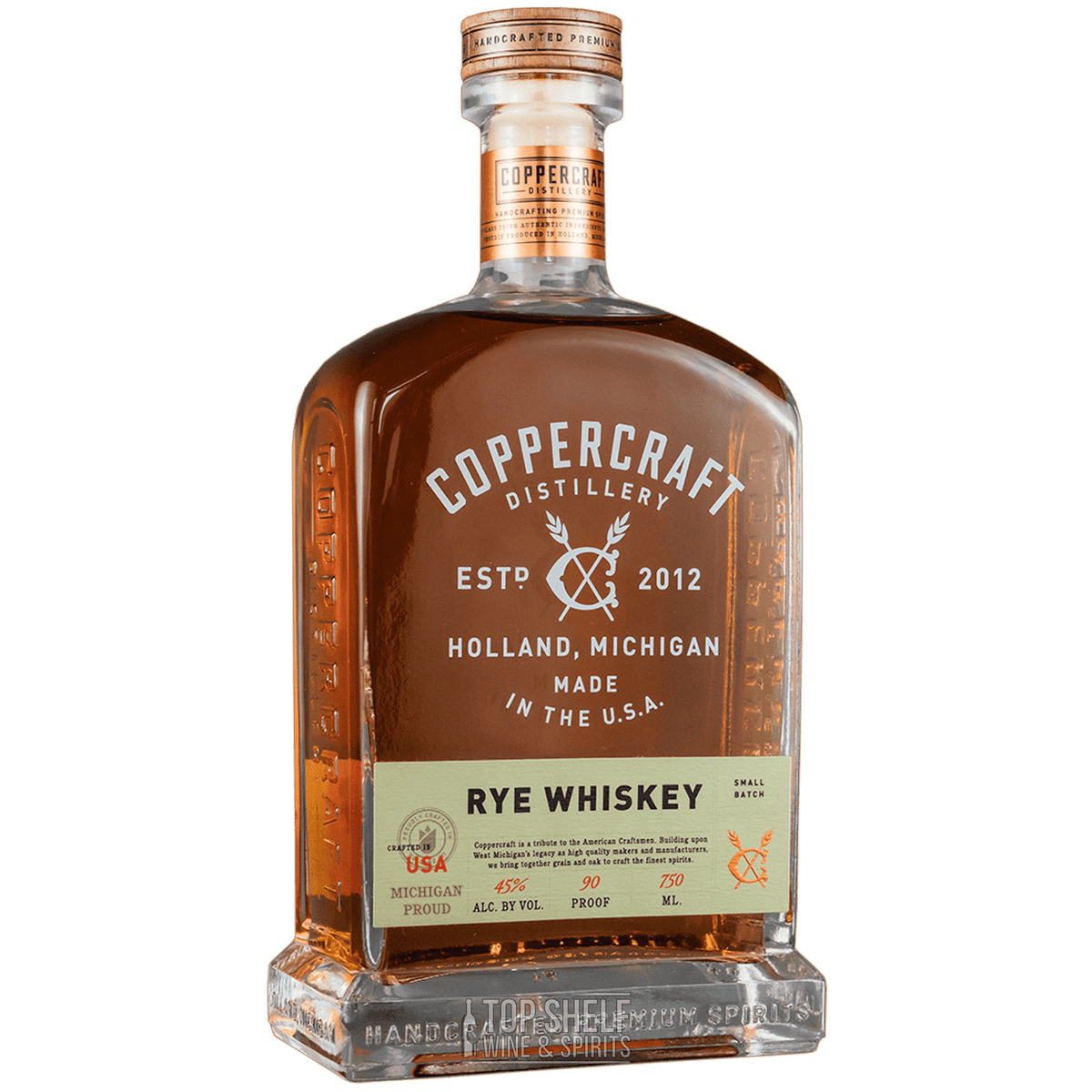 Bottle of Coppercraft Straight Rye Whiskey from Holland, Michigan, showcasing rich amber color and distinctive label.