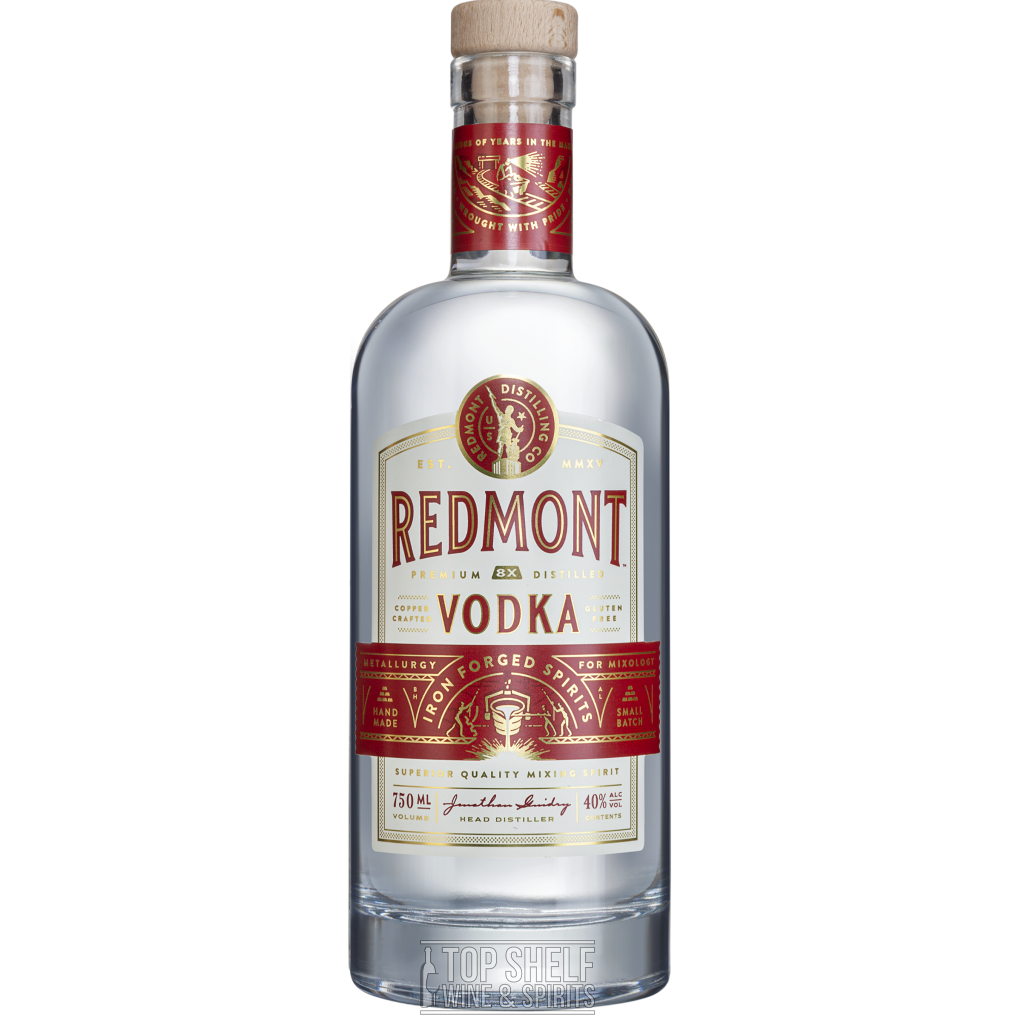 Redmont Vodka bottle, 750ml, showcasing its smooth finish and gluten-free corn base.