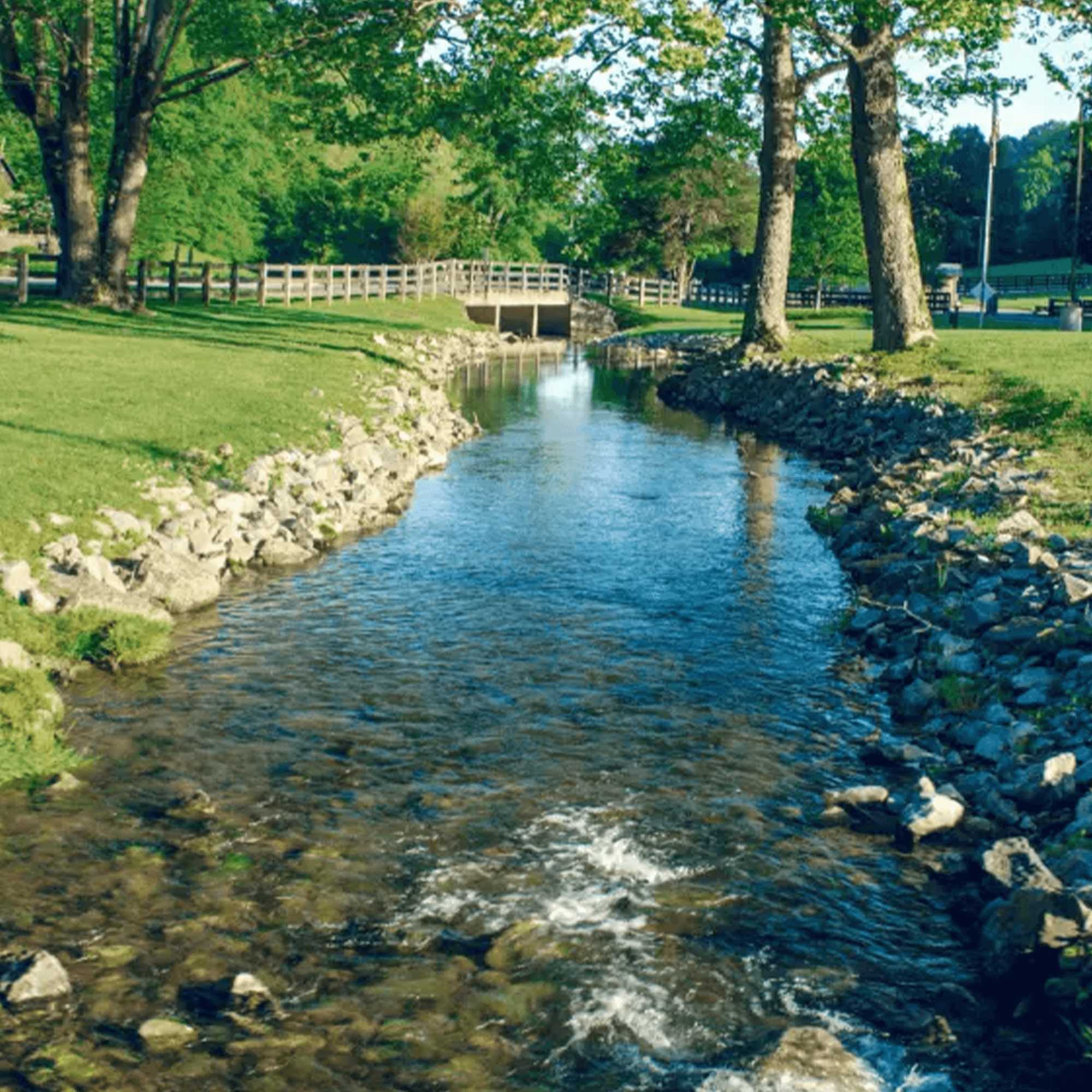 Clear stream flowing through a lush green park, surrounded by rocks and trees, with a wooden bridge in the background.