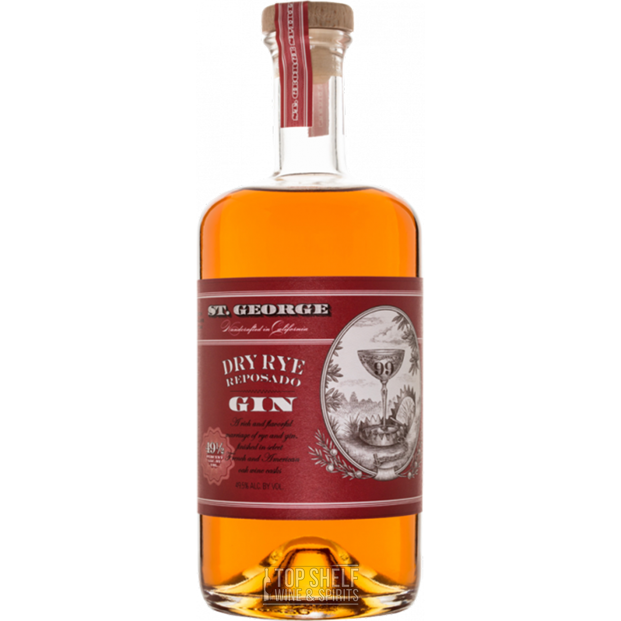 St. George Dry Rye Reposado Gin in a bottle showcasing rich amber color, highlighting its unique barrel-rested flavors.